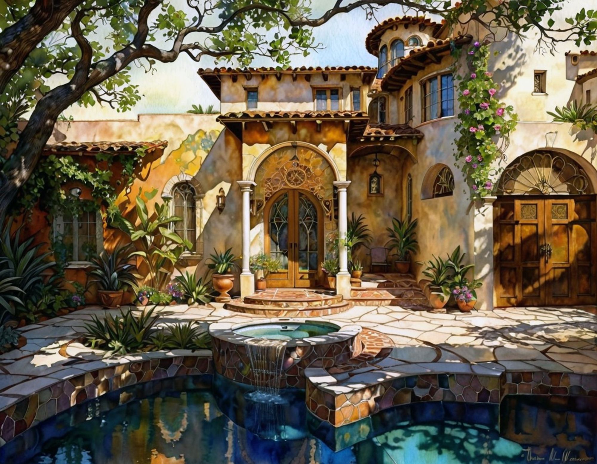 A villa on a hot sunny afternoon, with a stone pool in cool shade. Terracotta tiles line the space, complemented by greenery and inviting archways.