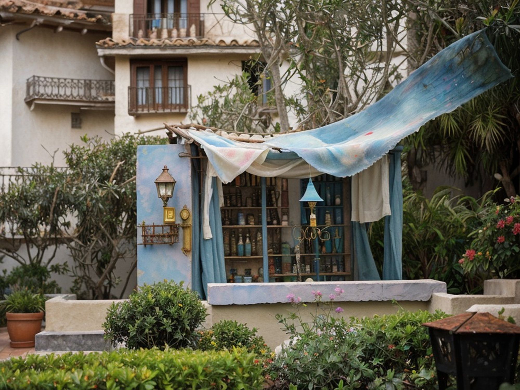 Quaint mystical shop, with a blue canopy in the process of opening itself, revealing decorative lanterns,  rustic decor, and shelves filled with glass bottles and magical items.