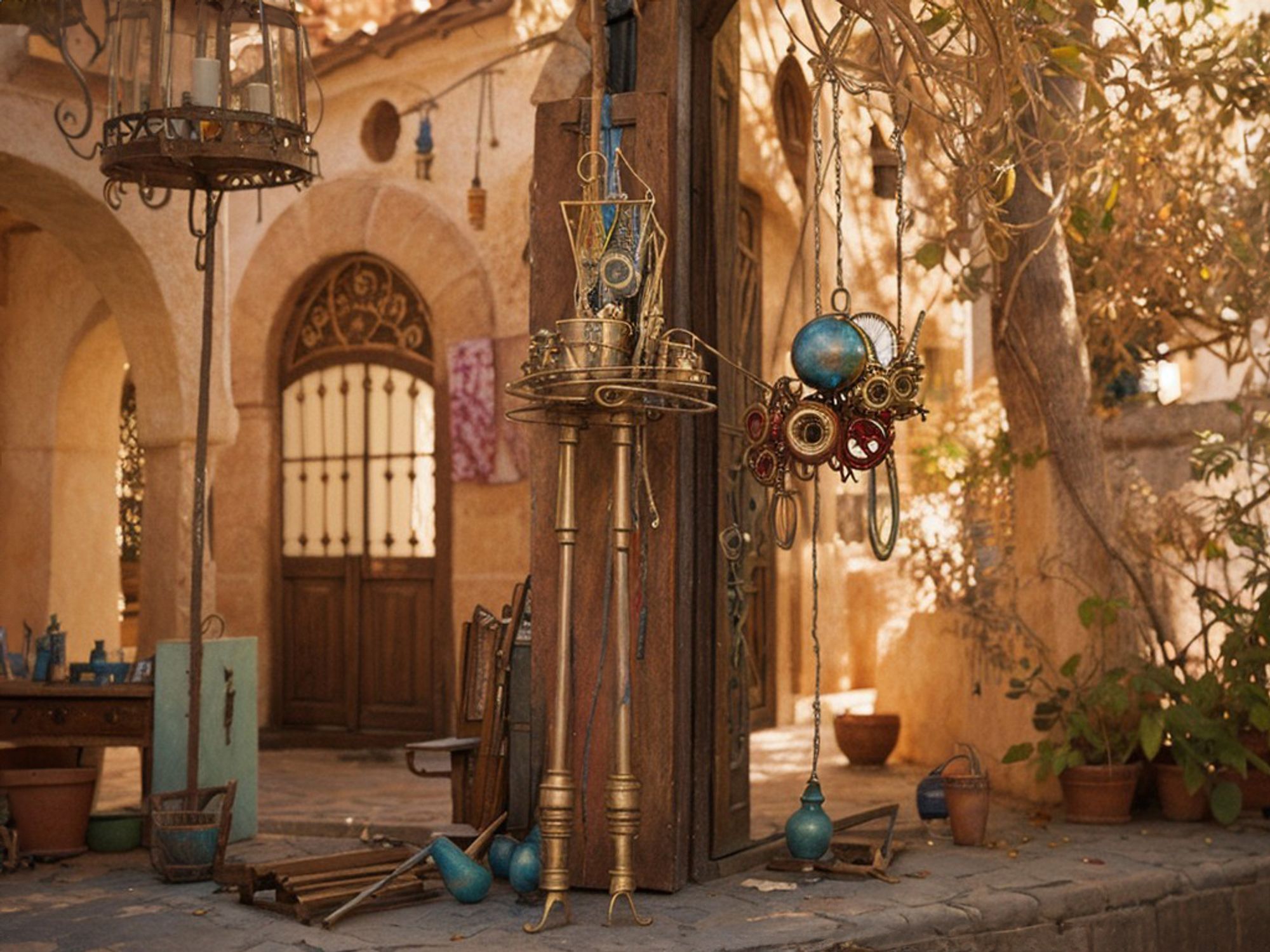 A rustic courtyard filled with magical artifacts and hanging lanterns, vintage decor, potted plants, and stone walls, illuminated by warm lighting, creating an enchanting atmosphere.