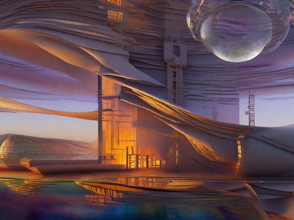 A spaceport in bronze colors against a purple sky, with some blue showing signs of terraforming and oxygen content. Set in the alien landscape of an exoplanet's moon.