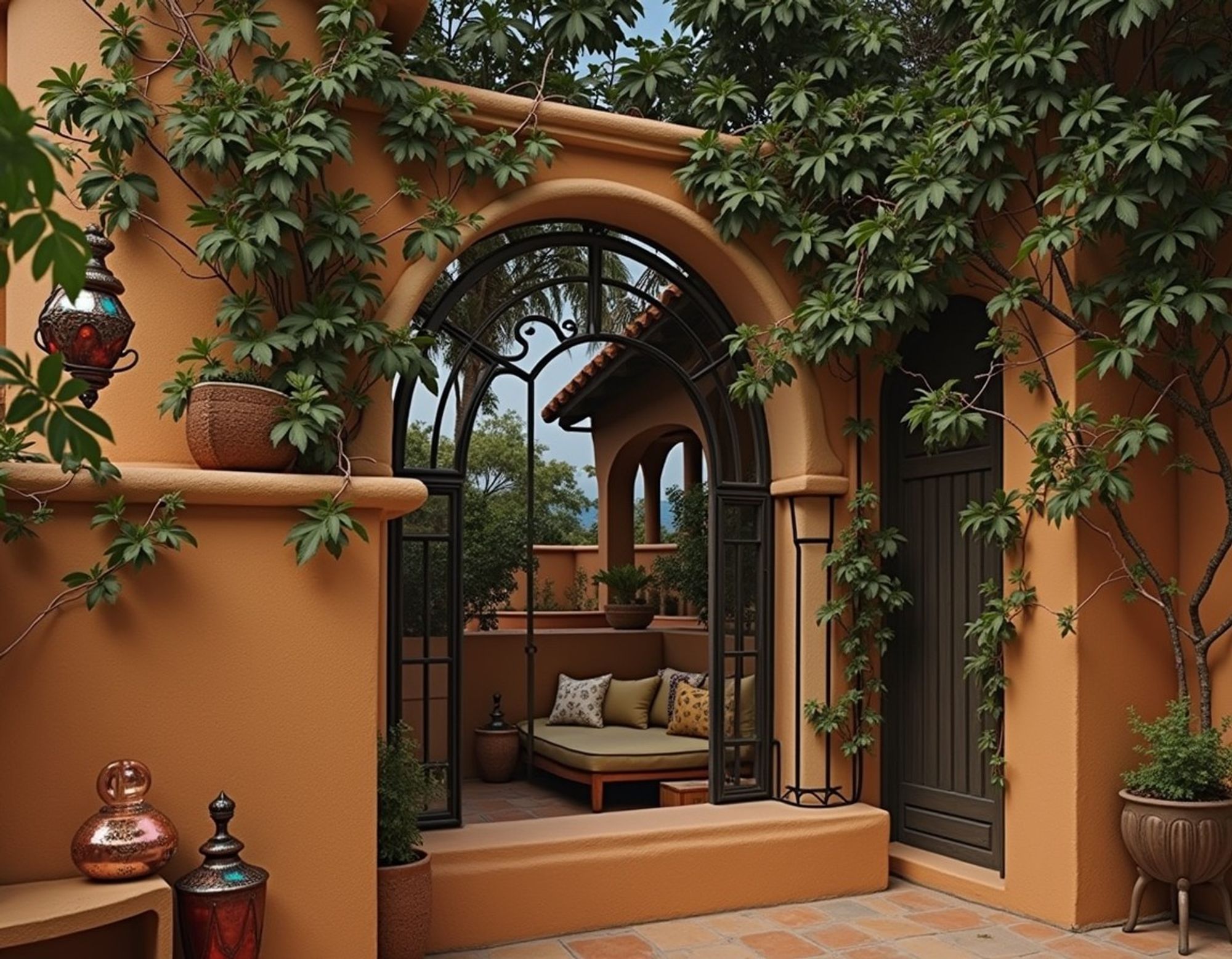 A cozy seating area in a secluded courtyard, with arched doorways, warm brown walls, lush greenery and wrought iron accents.