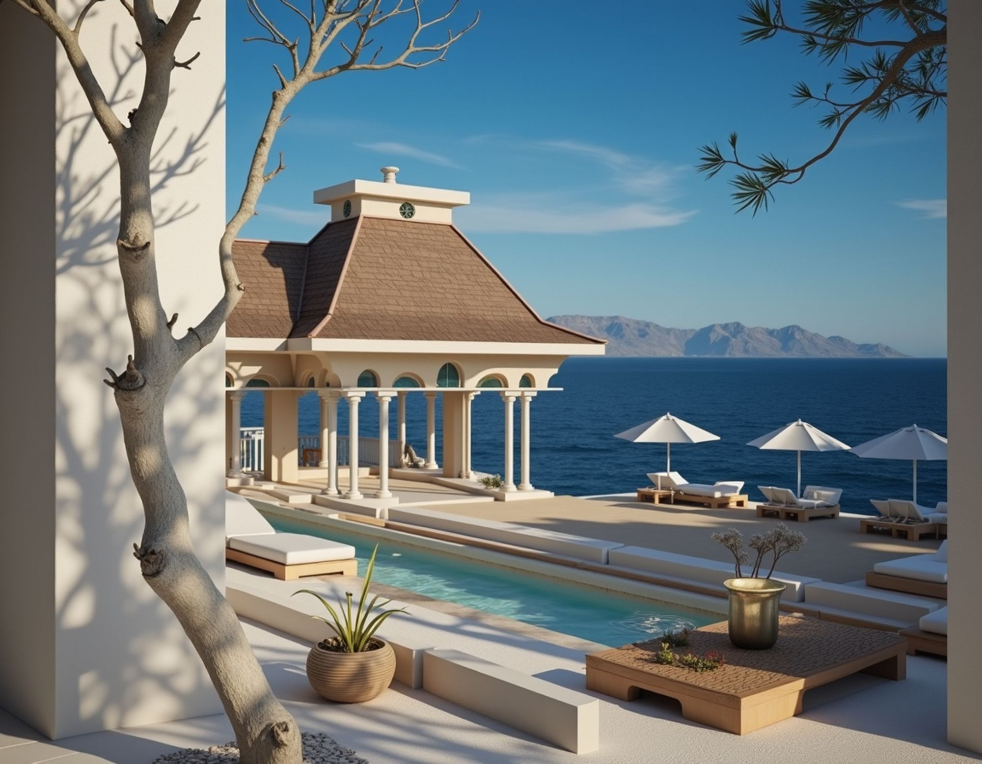 Luxurious seaside resort terrace with elegant shelter, lounge areas with white umbrellas, a narrow pool and stunning ocean views, under a clear blue sky.