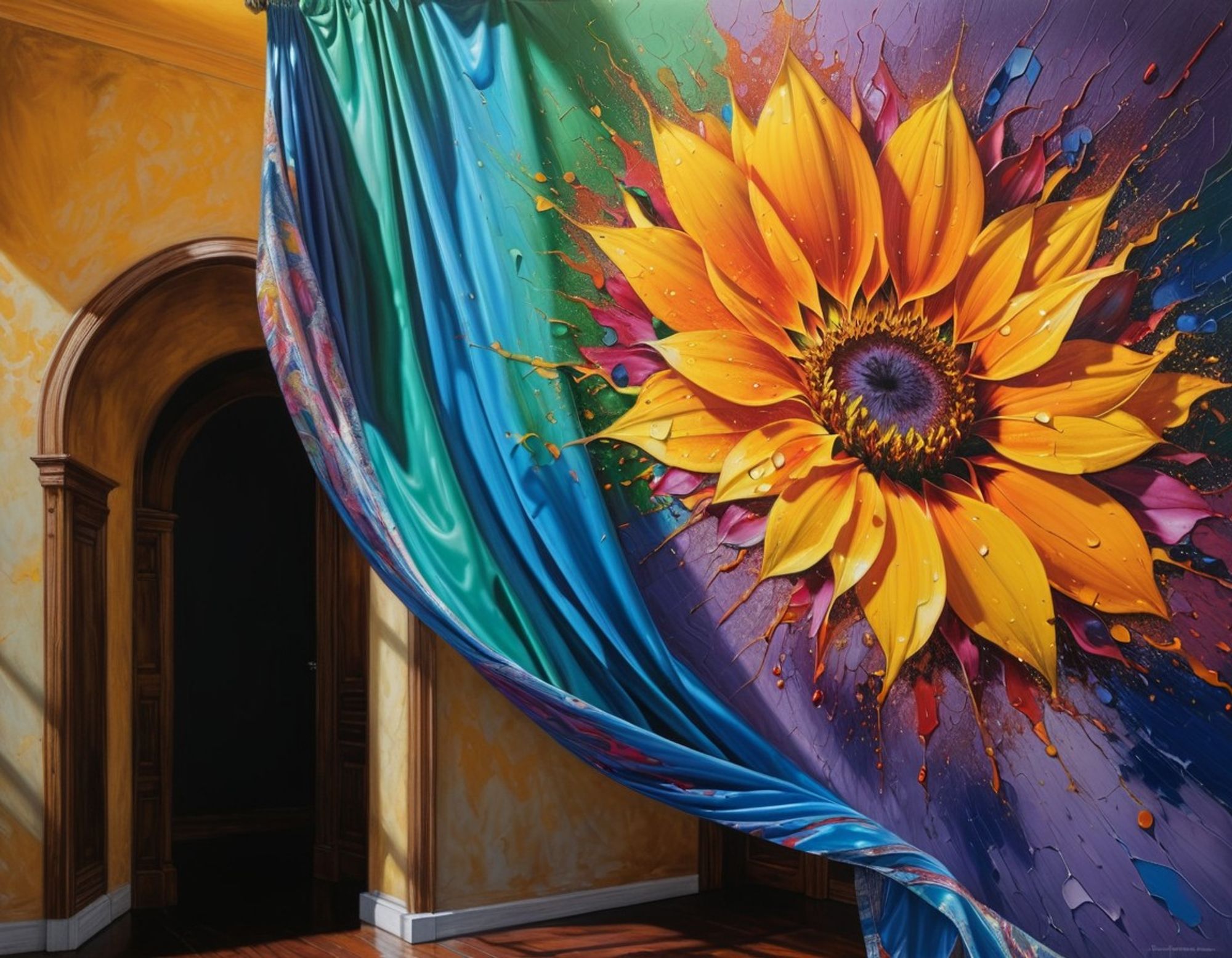 A vibrant yellow sunflower seems to pop out of the surface of a luxurious blue, green, and purple curtain, in an otherwise plain rustic room with a wooden archway leading to a darkened hallway.