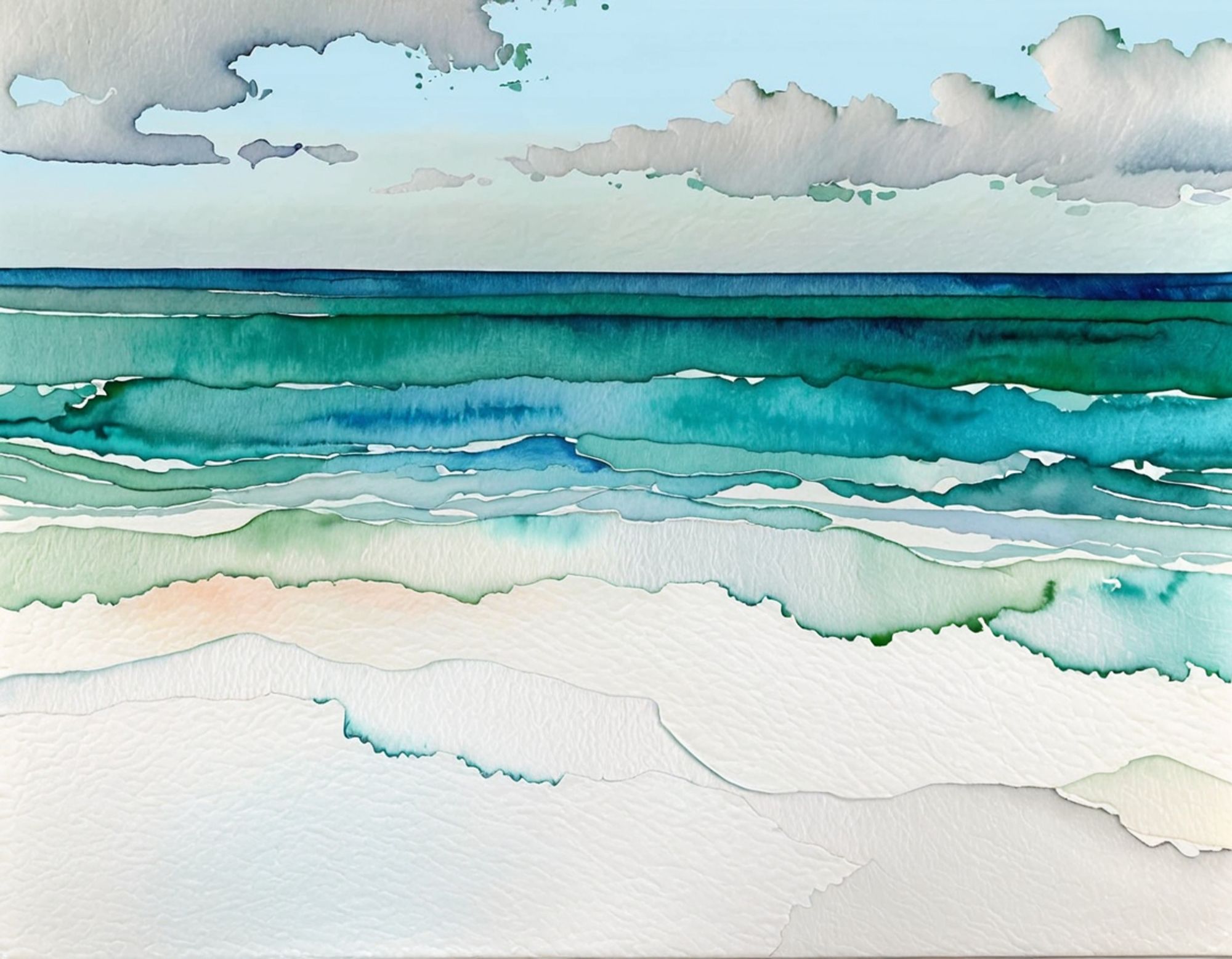 A minimalist abstract white sand beach, washed by gentle blue-green ocean waves, under a late afternoon sky with textured clouds.
Watercolor style.