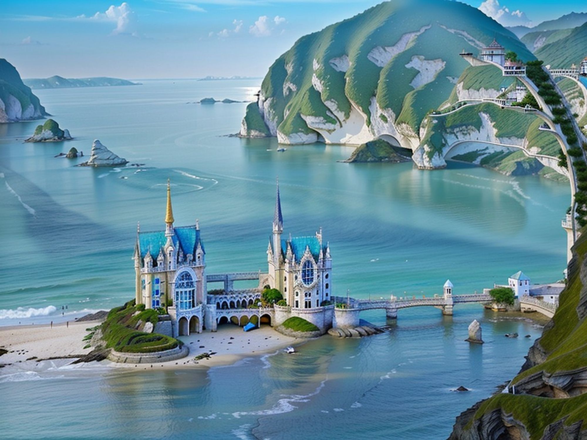 Close up, a fairytale castle on a sand island linked to the surreal mainland by a causeway, surrounded by turquoise waters, green mountains, and sandy beaches;  from a distance, a nautilus shape is visible.