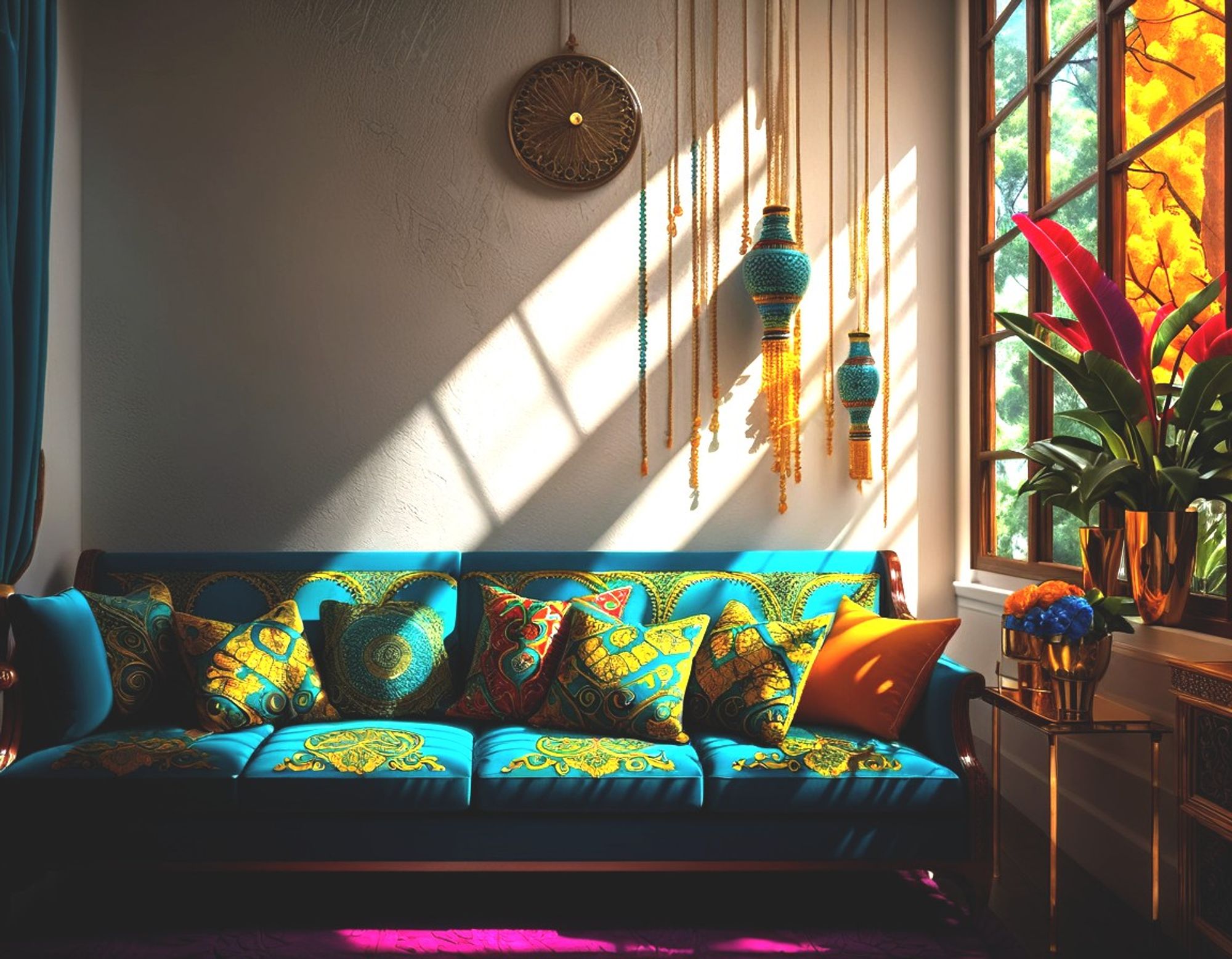 Warm sunlight filters through the window, illuminating plants in copper pots, hanging wall decorations, and a vibrant turquoise couch embroidered with ornate gold and red designs, with matching pillows.