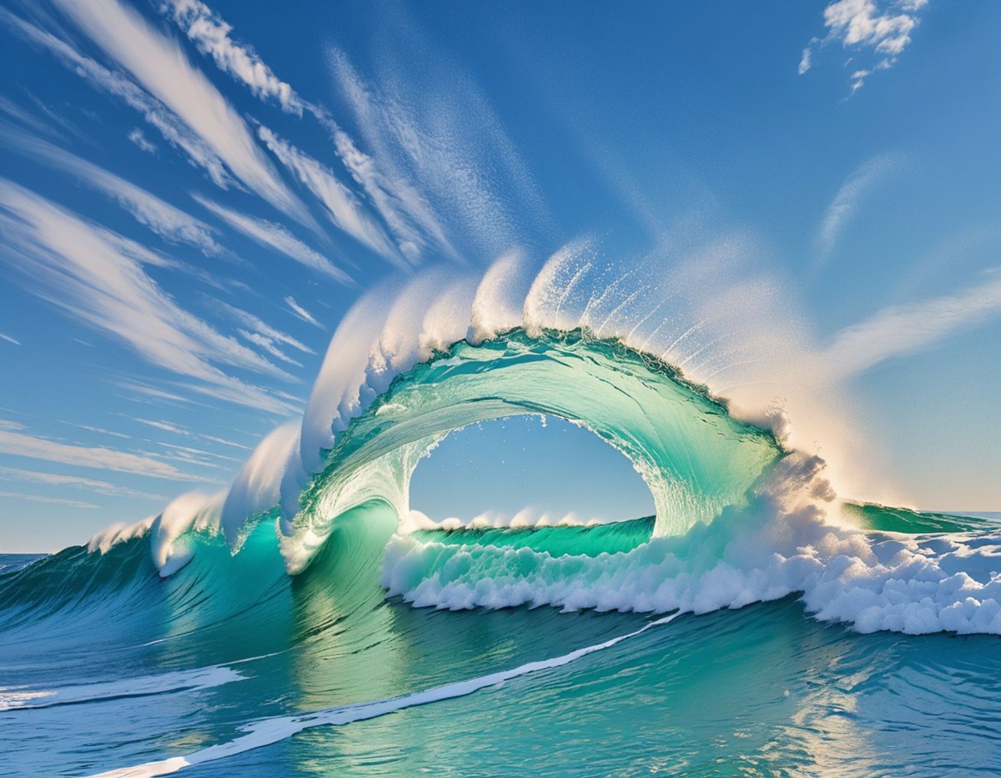 Sunlight shines through a dramatic ocean wave engineered into impossible curves by a future technology, with rays of spray flying off into a blue sky.