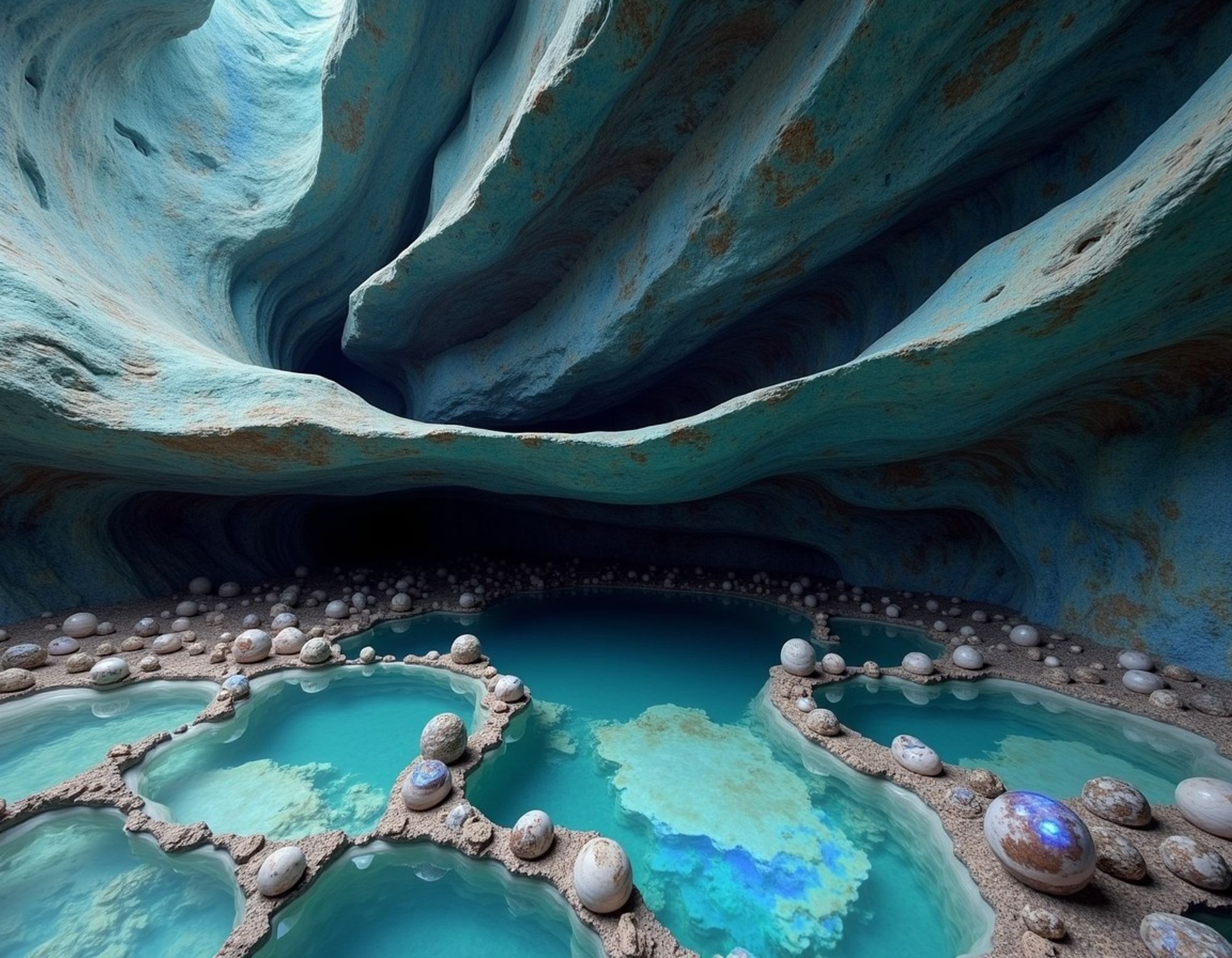 A surreal cave with flowing rock formations and turquoise pools, glowing orbs, and smooth stone textures, creating a mystical, ethereal atmosphere.