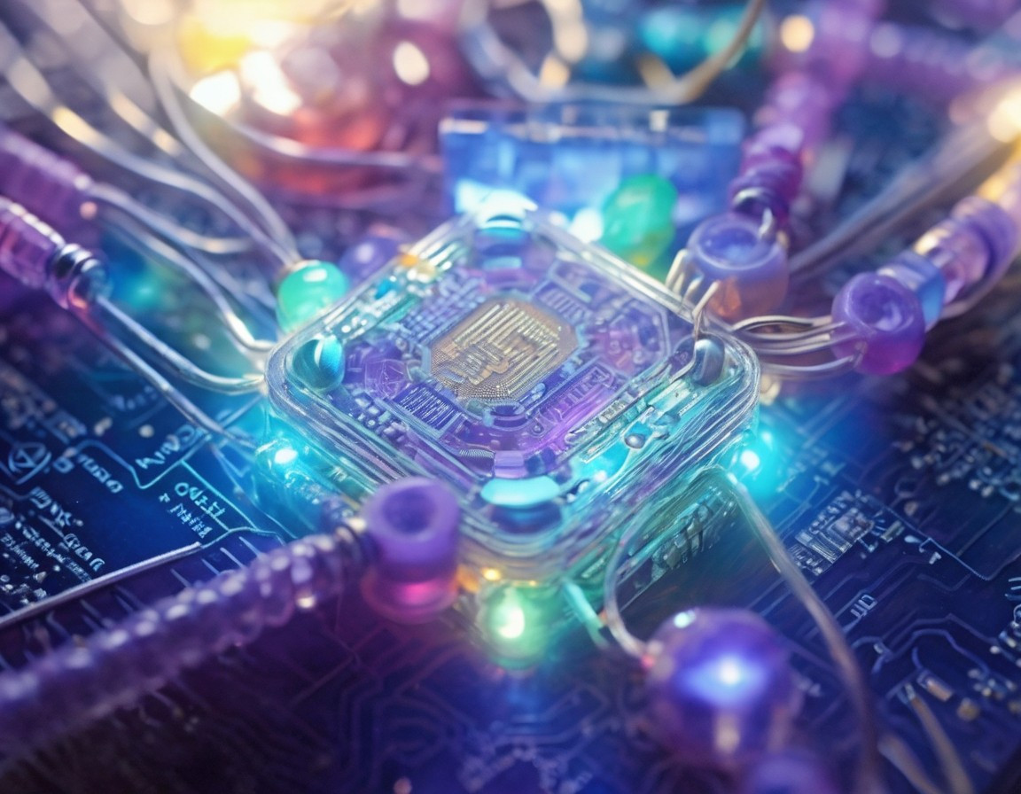 Futuristic tiny circuit, glowing in blues and purples with surrounding connections and  advanced components in neon hues and sci-fi aesthetics. Macro photography style.