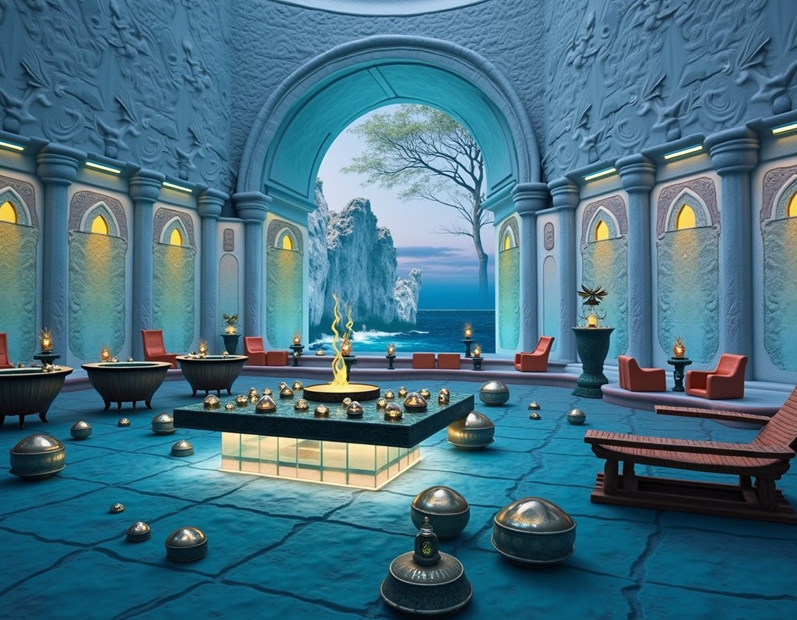 Futuristic chamber with glowing vaults lining the walls, ornate wall carvings above, and an ocean view through a grand arched doorway.