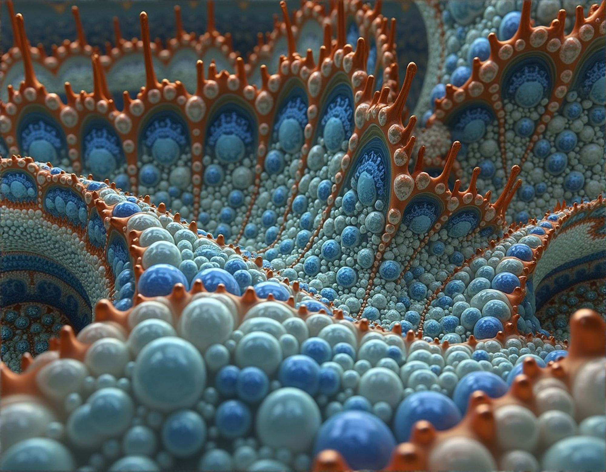 Close up of 3d arrangement of ceramic-like blue and aqua spheres, bordered by copper-like accents, with a frozen or slow-motion wave-like fluidity. Abstract 3d style.