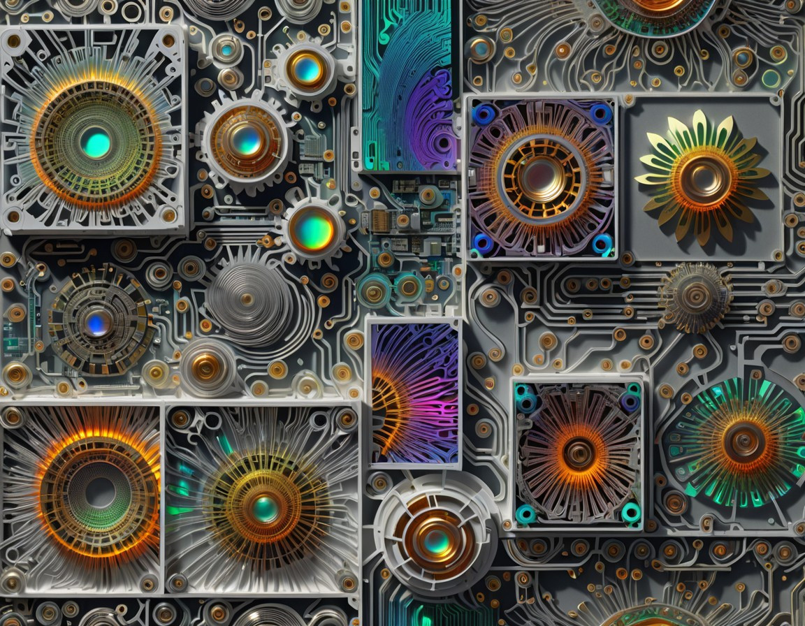 Complex circuit board in a patchwork of layered sections, with vibrant colors, intricate futuristic design, electronic elements, and glowing lights.