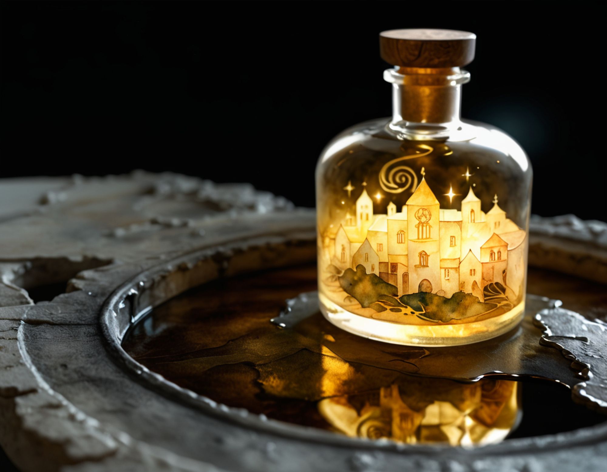 Illuminated bottle featuring a preserved miniature village with intricate architectural details and a warm golden glow, against a rough, dark background.