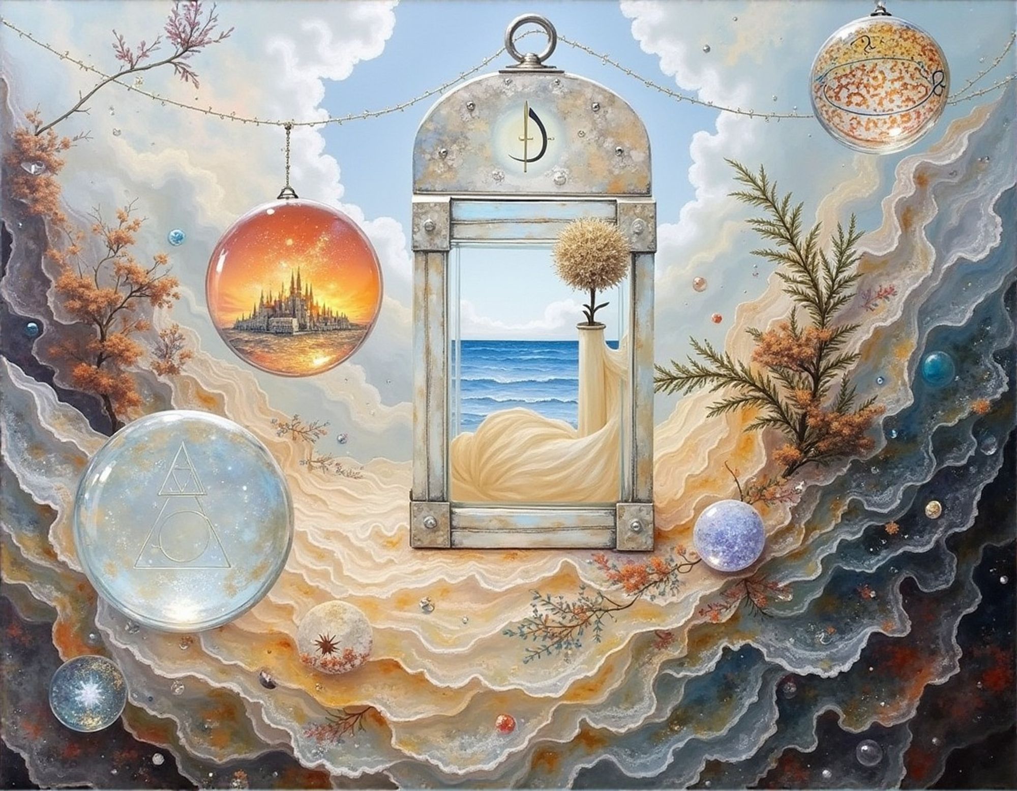 A fantasy portal window opening to an ocean view, from a backdrop of swirling cosmic layers and floating orbs with intricate celestial symbols.