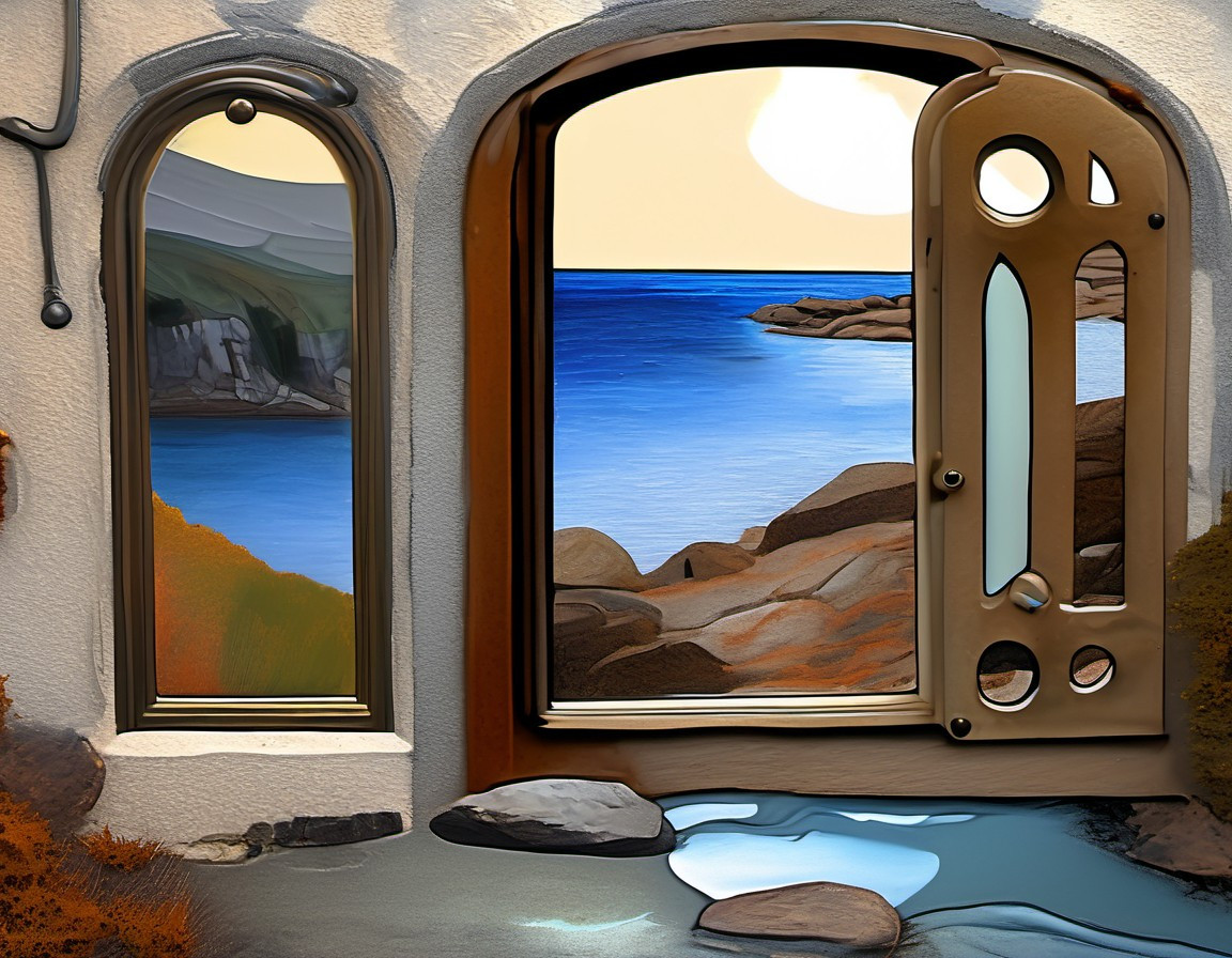 Surreal scene of an abandoned structure whose floor is flooded and rock-filled, but the walls with an arched door and window are intact,  framing an ocean view with a rocky shore, blue water, and warm sunset colors. AI impressionism style.