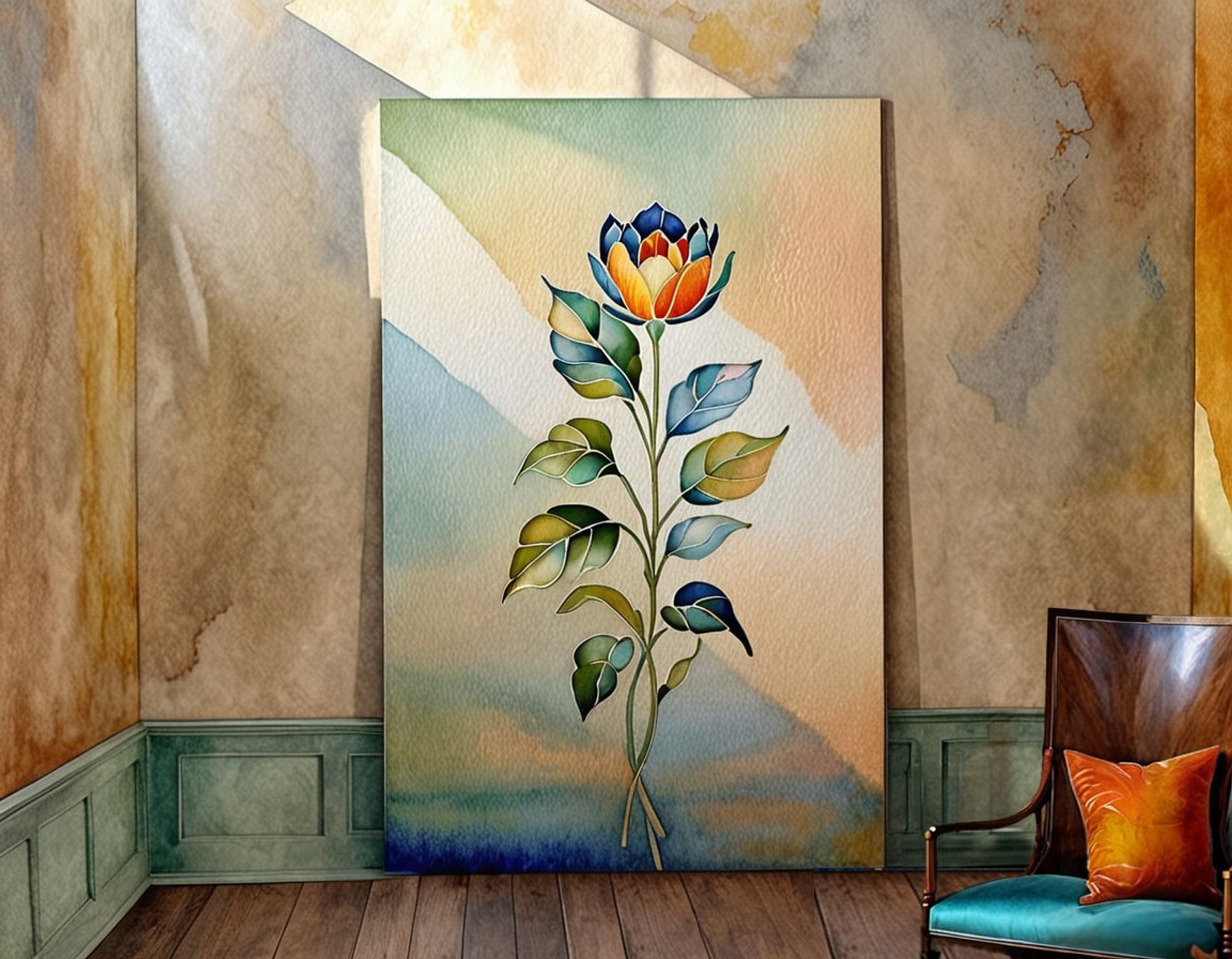 A watercolor style painting of a red, gold, and blue flower on a tall stem lined with leaves, is leaned against a wall of a room with similar tonal elements, to see if it looks right in that spot. A chair with a solid polished wooden back, turquoise seat, and orange throw pillow is in the lower right corner.