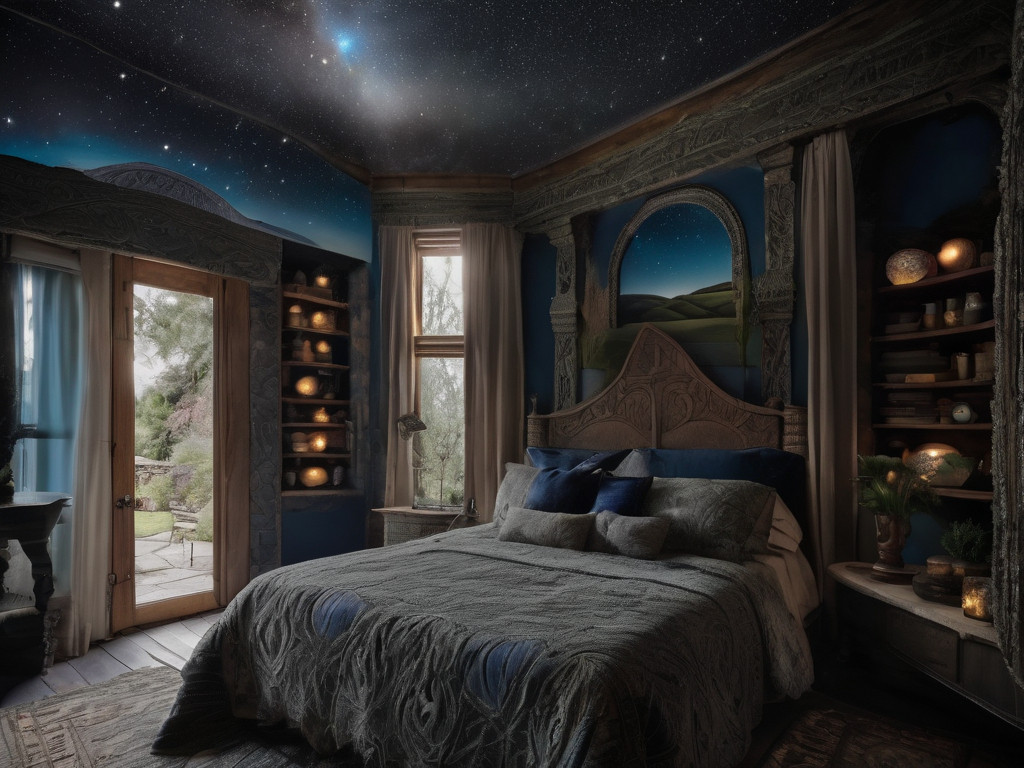 Bedroom, ceiling painted with a realistic starry sky, rustic wooden decor, collections of glowing objects on built-in shelves.