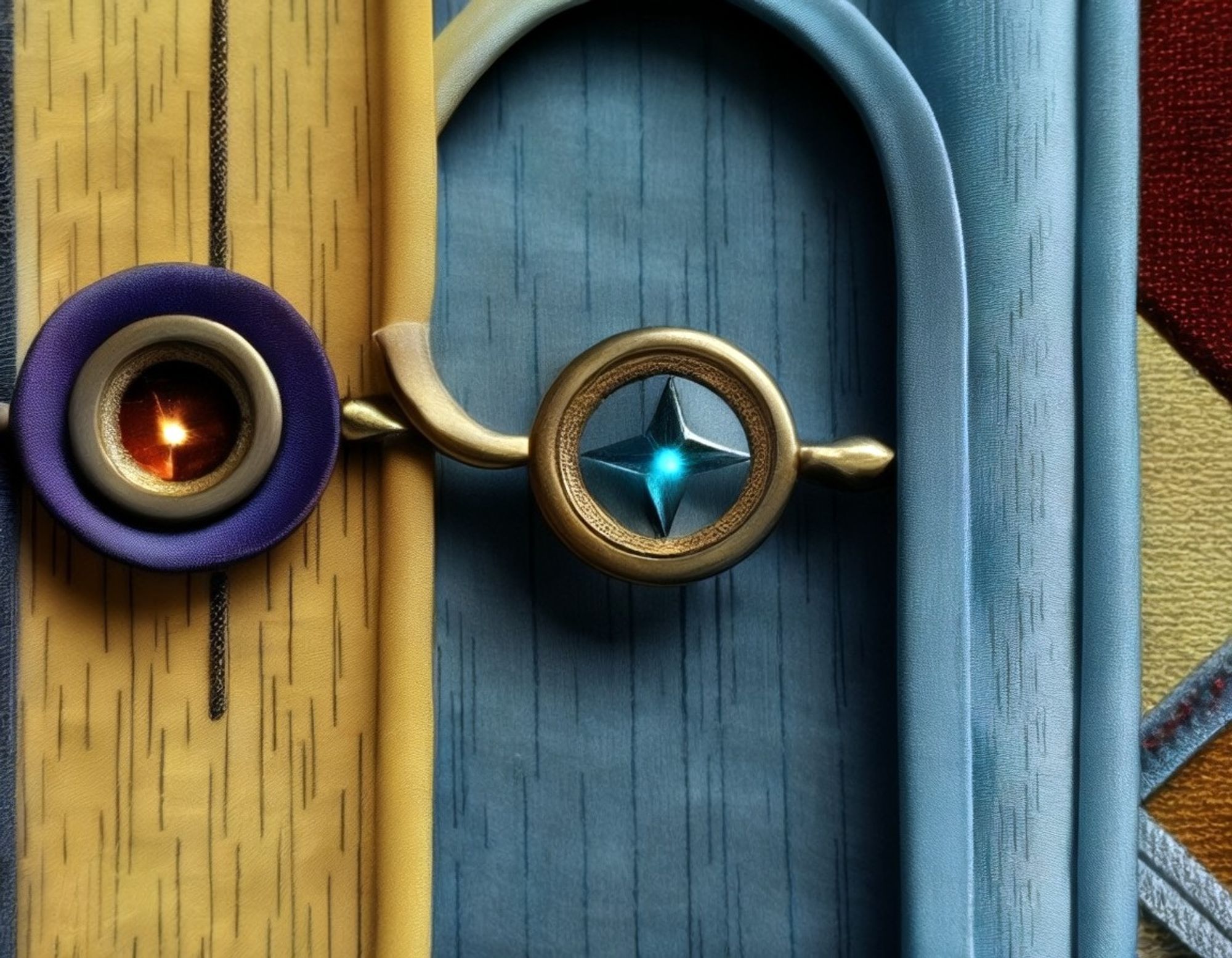 Close-up of two colorful, glowing gems, one containing an orange light and the other a blue star, against a painted wooden background of gold and blue.