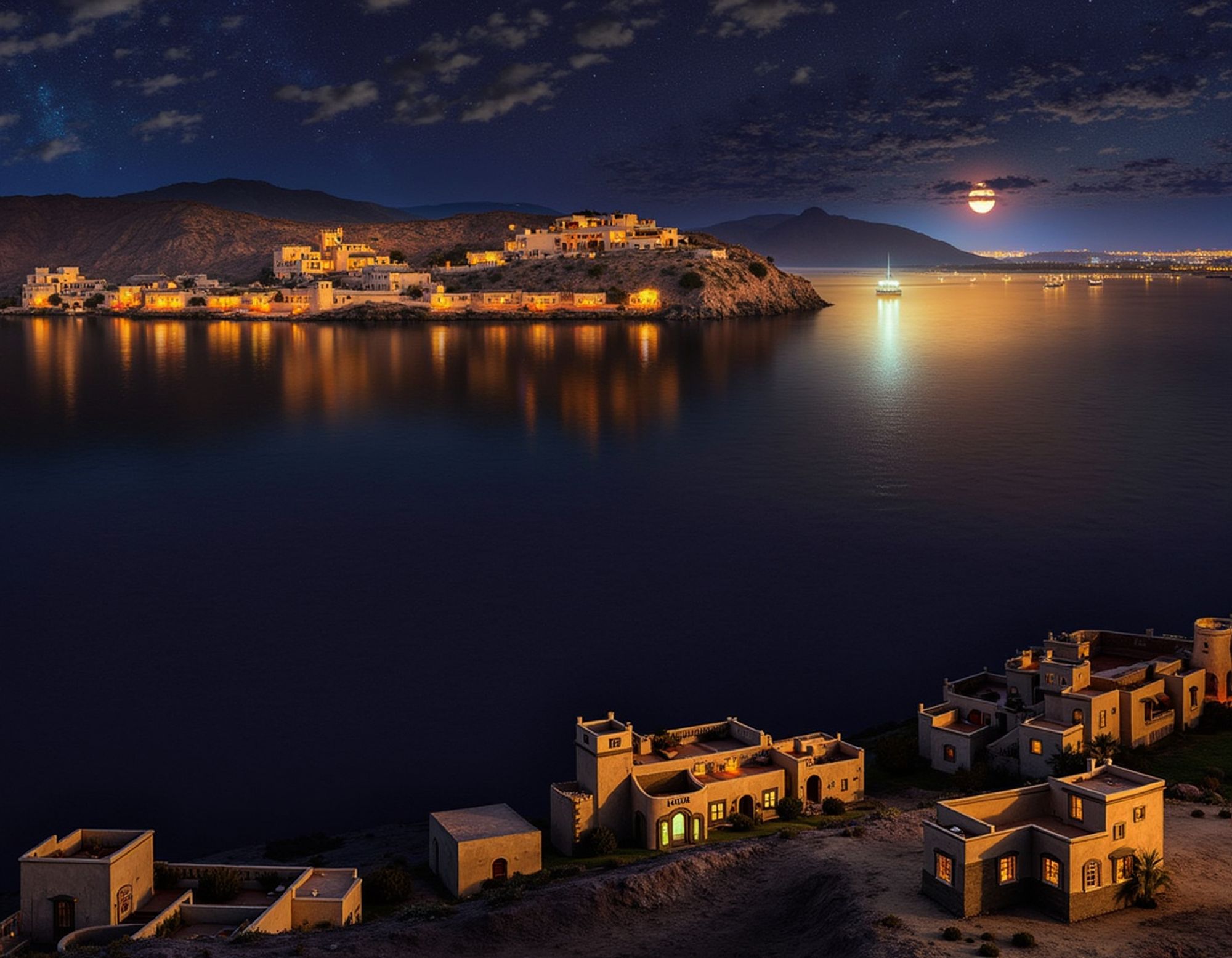 Two ancient, softly lit coastal towns on either side of a bay on a full moon night. A bright buoy lights the still water.