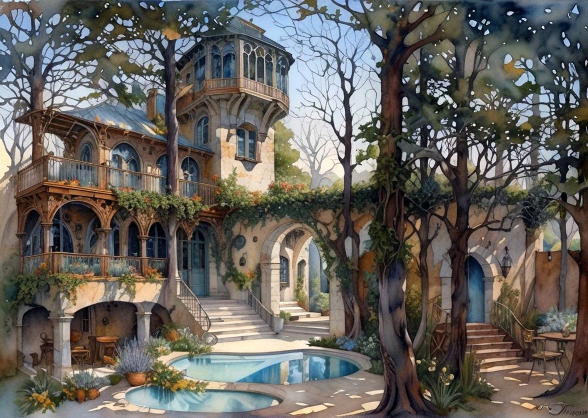 Ornately architected stone hotel, with two pools, various inviting nooks and spaces, archways, vines, and flowers, under mature trees, on a sunny afternoon.