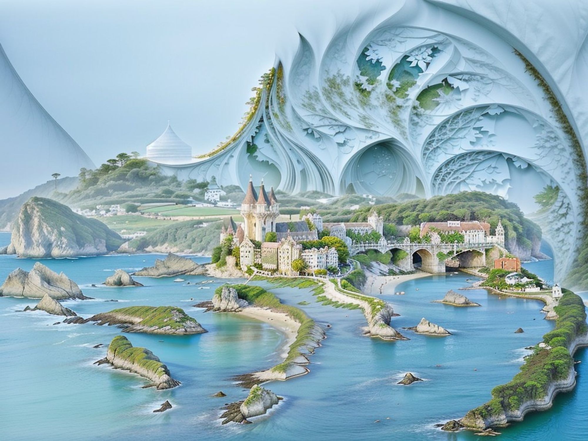 Close up, a fantasy castle on a rocky island surrounded by blue waters, at the foot of misty cliff in a surreal, pale blue landscape. From a distance, a nautilus pattern becomes visible.