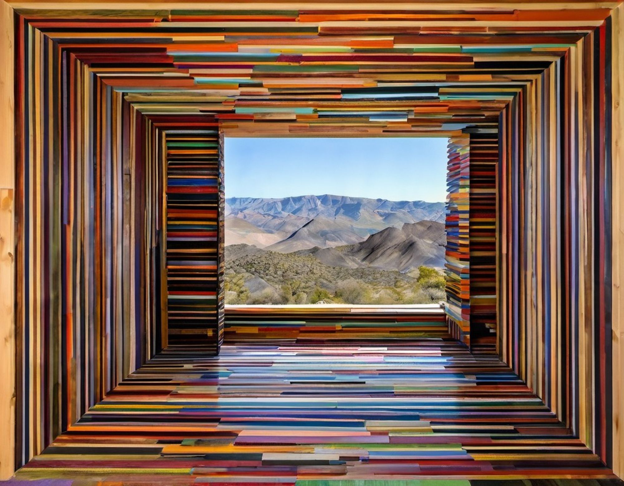 Shipping container interior completely lined with colorfully painted strips of wood fitted together.Through the open back door is a view of a rugged mountain landscape under a clear blue sky.