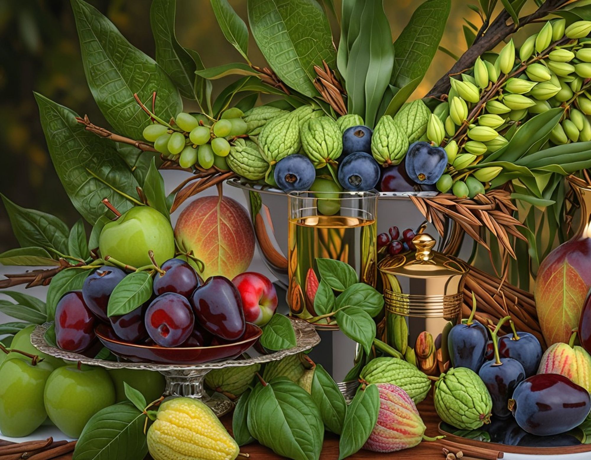 Still life with a variety of futuristic, functional, bioengineered fruits, among green leaves and polished metal.