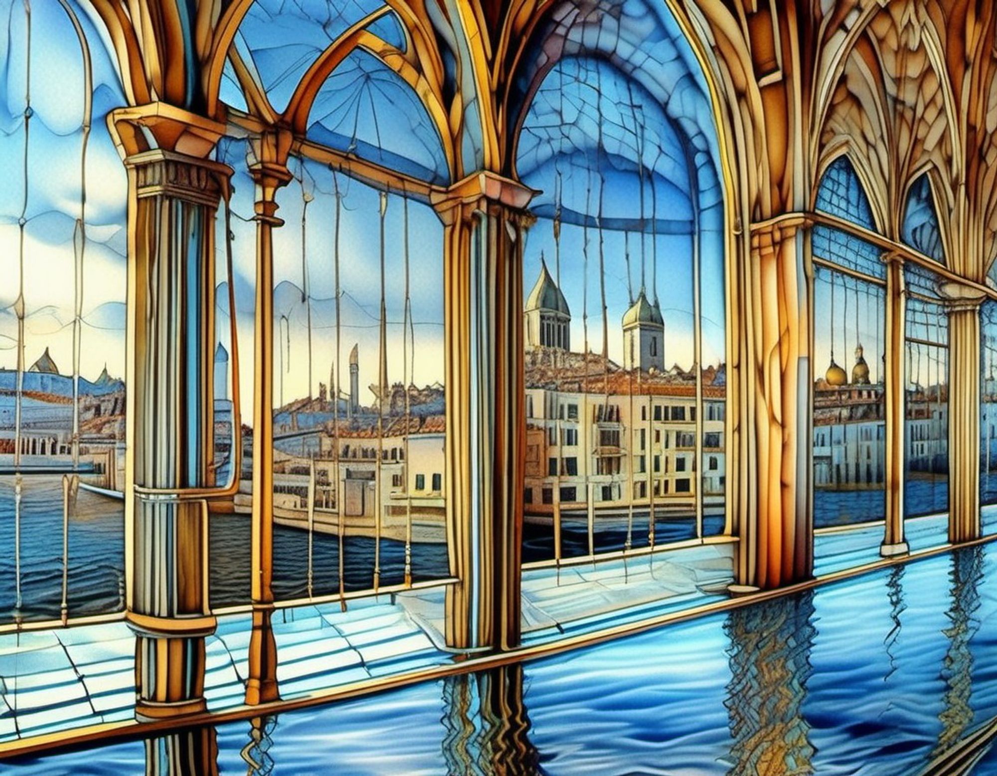 Blue and gold hues dominate a view through the arched windows of an enclosed aqueduct full of rippling reflecting water, showing a panoramic city skyline. AI impressionism style.