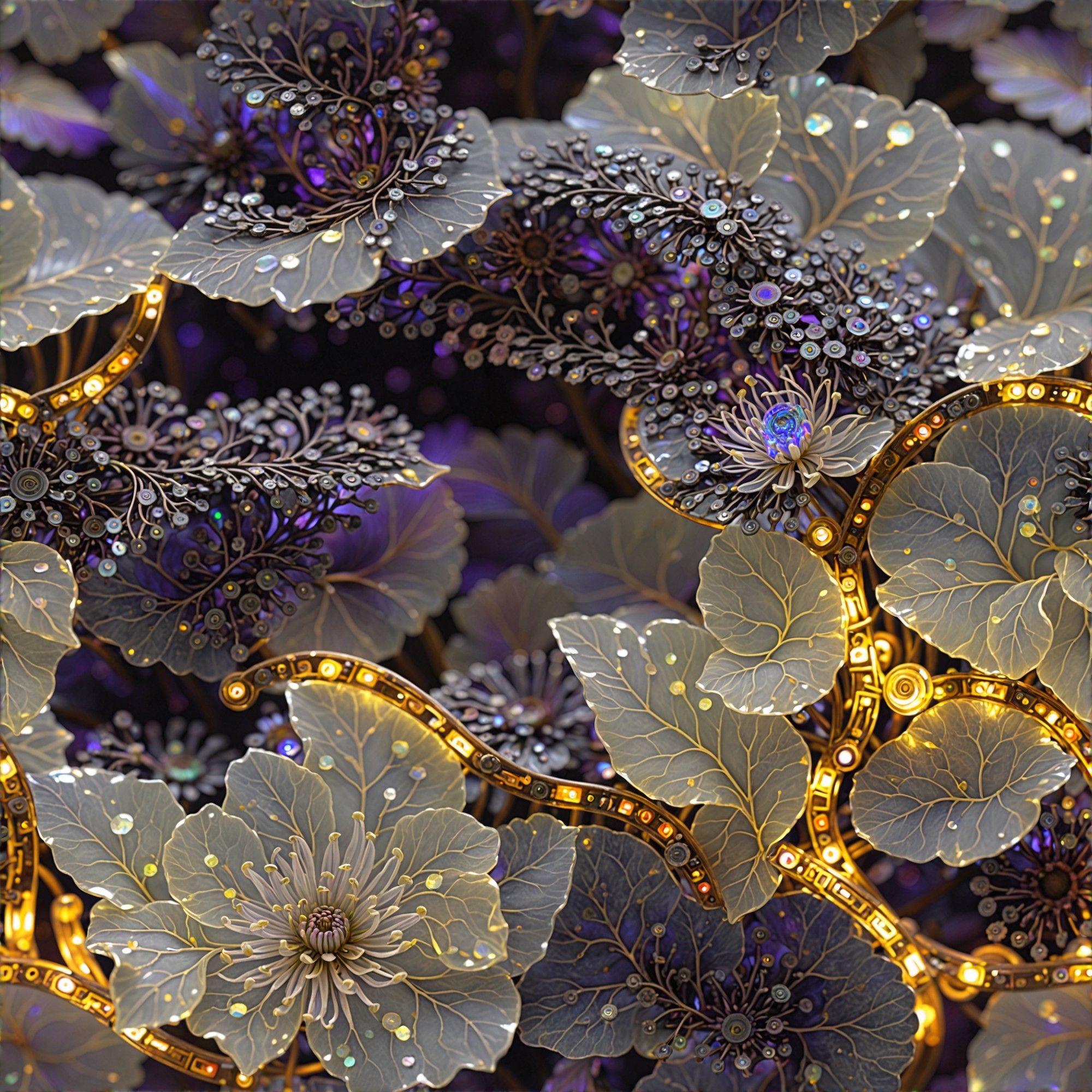 Close up of an arrangement of partly organic, partly mechanical flowers, with dew drops reflecting tiny glowing purple and golden lights.