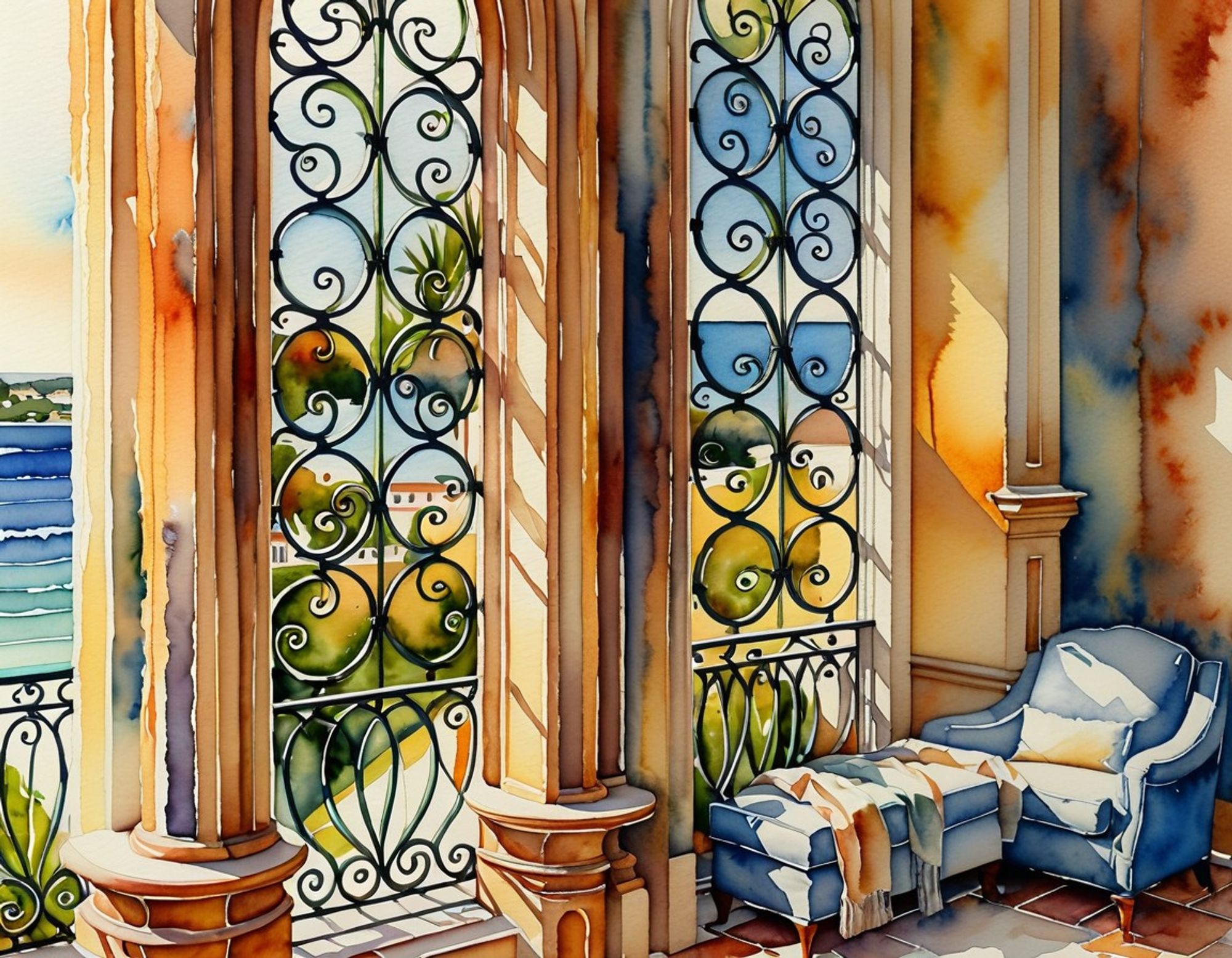 Sunlit covered balcony with ornate ironwork panels, ocean view, cozy chair with a blanket, with warm tones and Mediterranean design. Watercolor style.