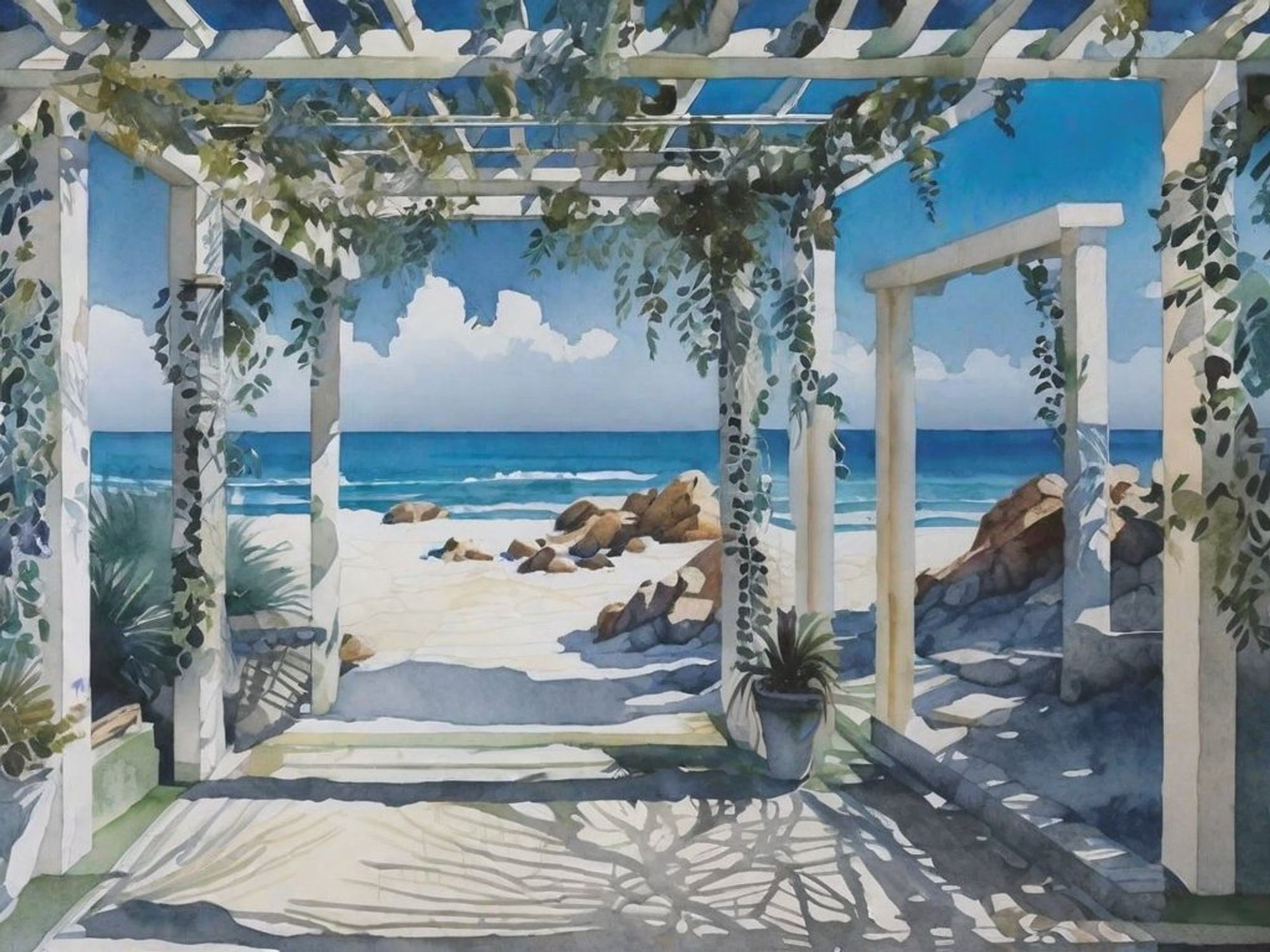 A vine-draped pergola with dappled shadows looking out on an ocean beach. Watercolor style.