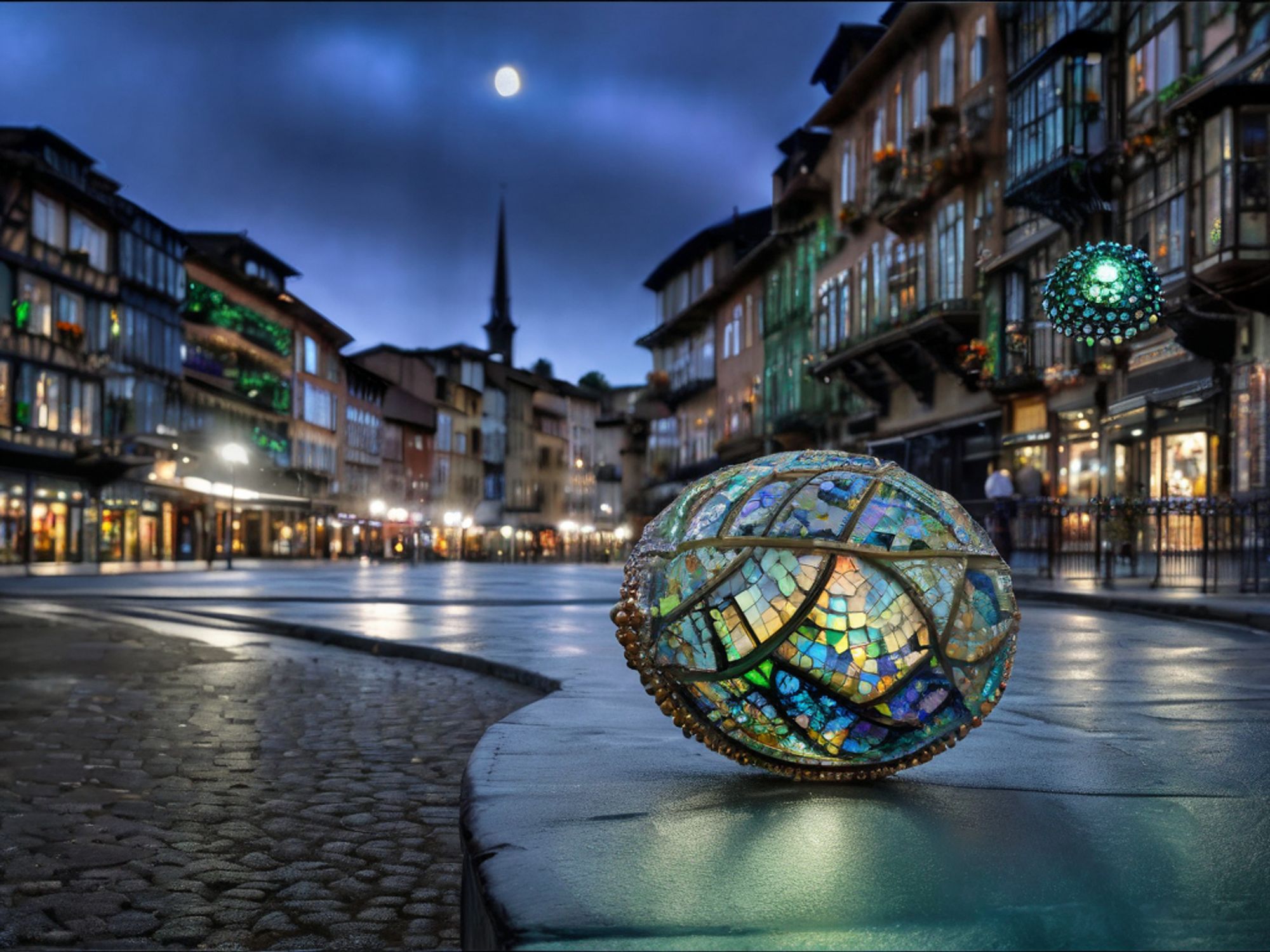 A robotic guide in the form of a mosaic sphere, on a wet street at twilight, with illuminated historical buildings and a moon above.