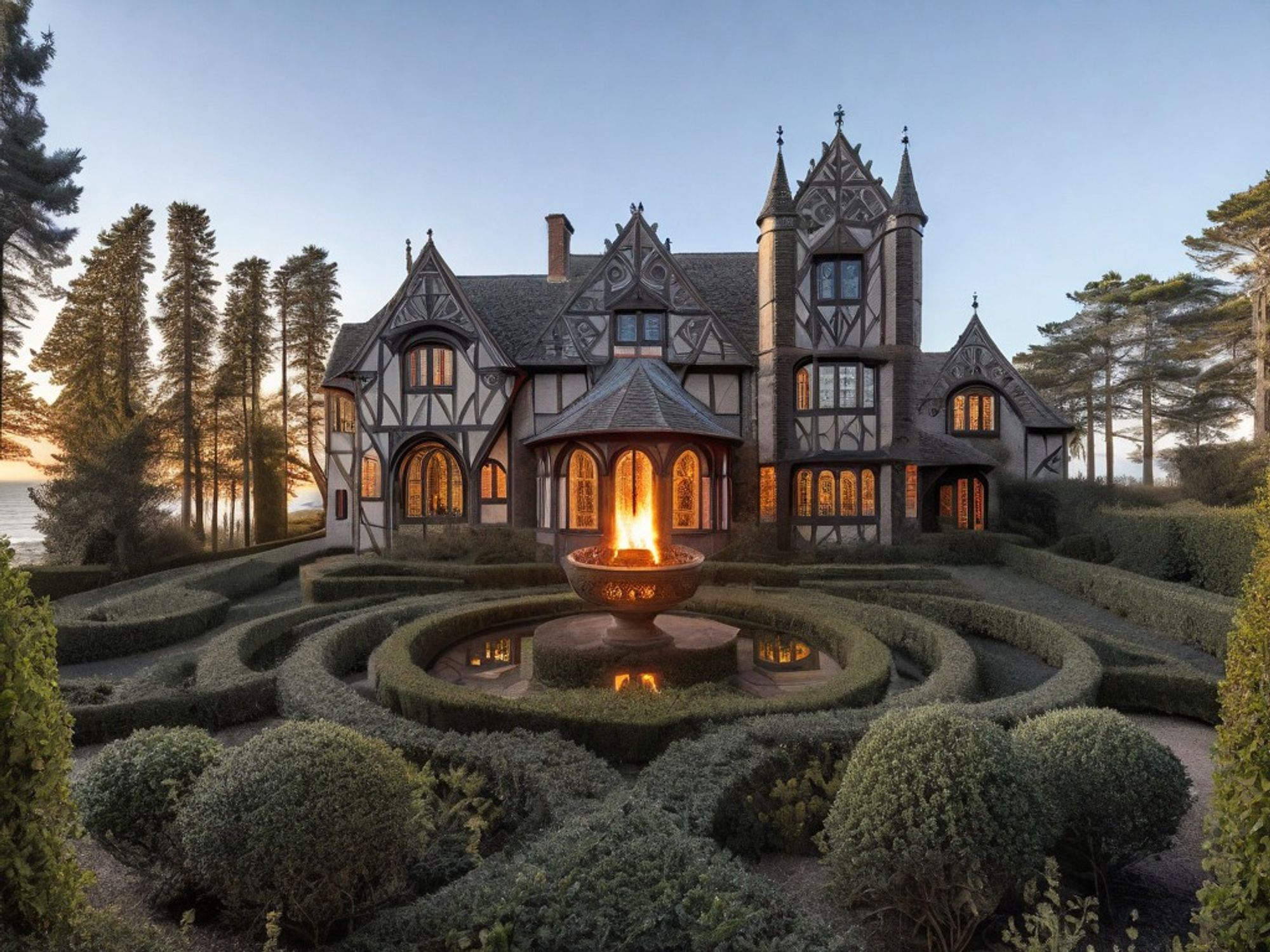 A Tudor-style mansion with gothic architecture, flanked by pine trees ,  in the evening light of the solstice. In the foreground, a garden maze has a stone fire pit at its center, lit by a blazing fire. A lake view is in the background.