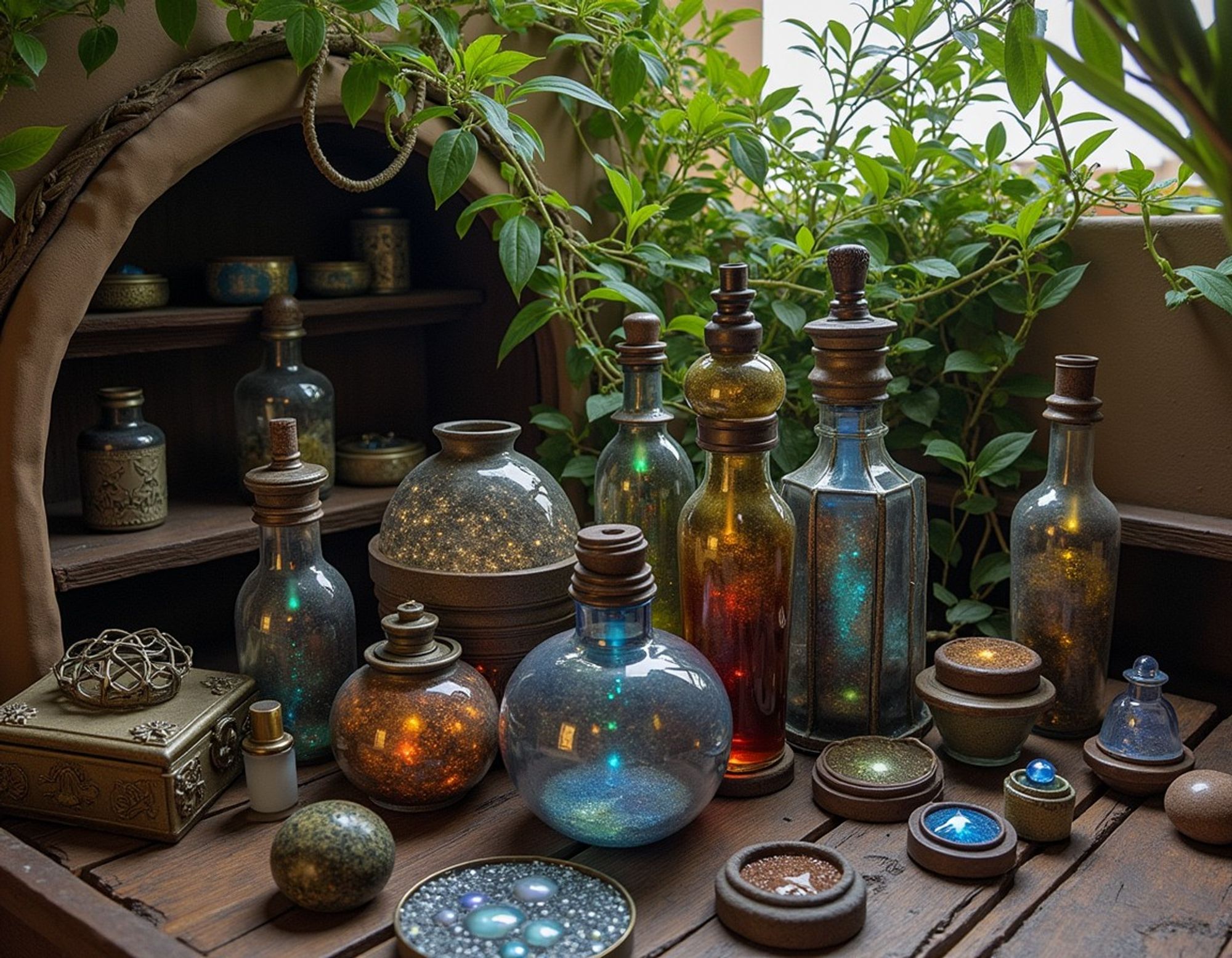 Magical collection of glowing bottles and potions displayed on a rustic wooden shelf surrounded by natural greenery in an enchanted apothecary setting.