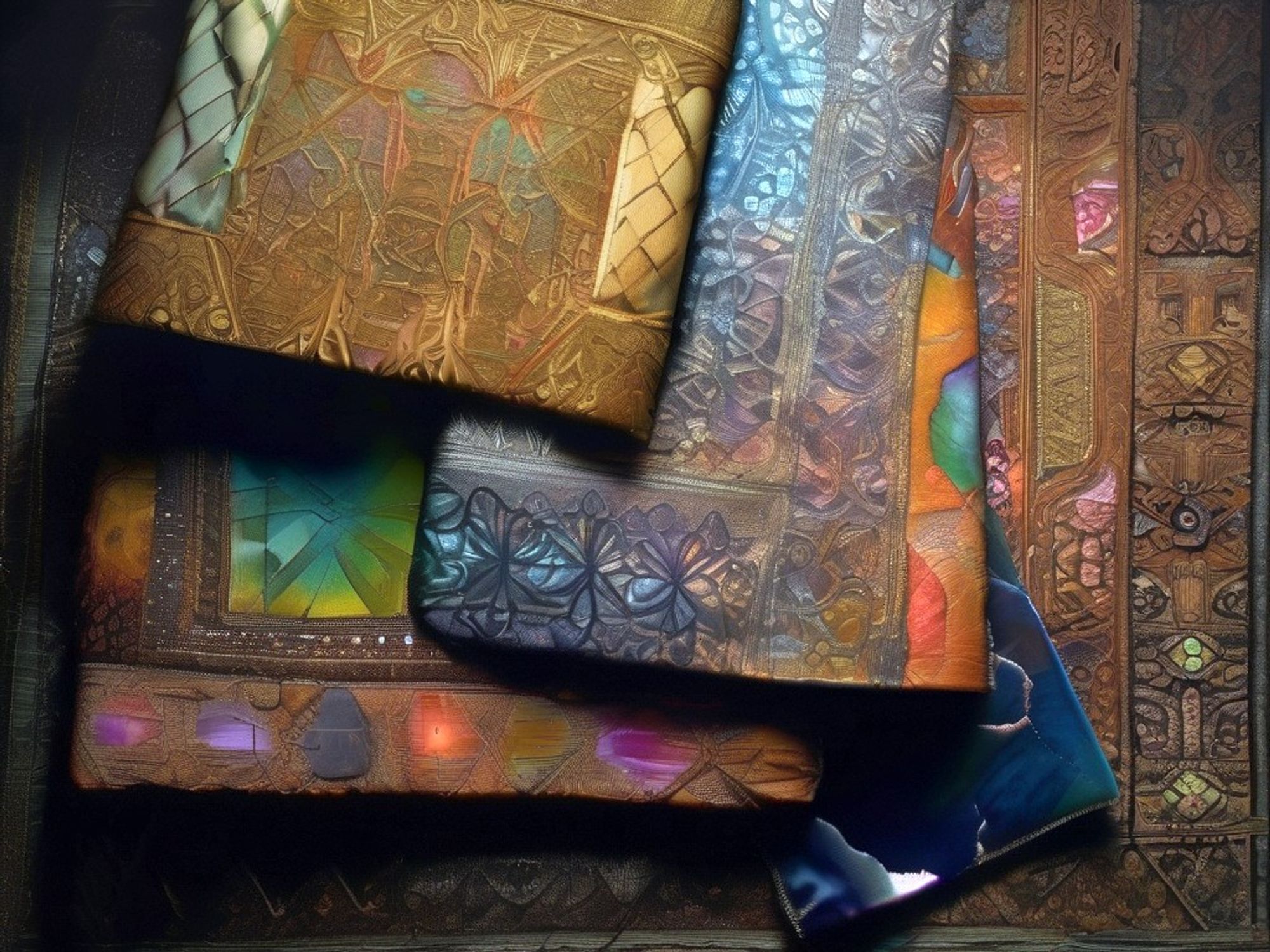 A pile of ornate sheets of leather intended for custom book covers, with patchwork effects, intricate embossed designs and colorful accents.