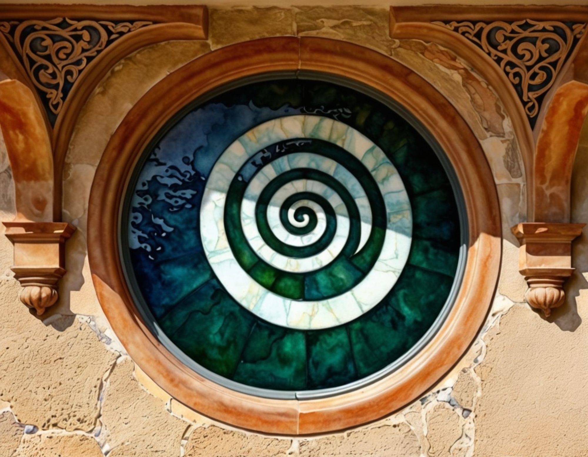 Exterior view of a round stained glass window with an ocean-themed spiral design, of wave-like green and milk glass, in s cracking tan stucco wall ornamented with ornate wood carvings.