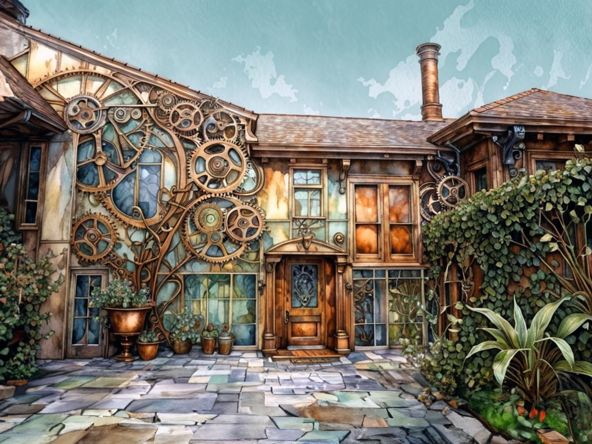 A colorful whimsical rustic building incorporating large, intricate gears and other mechanical found objects in a unique steampunk-inspired aesthetic. Vines and greenery overgrow the weathered textures of the walls.