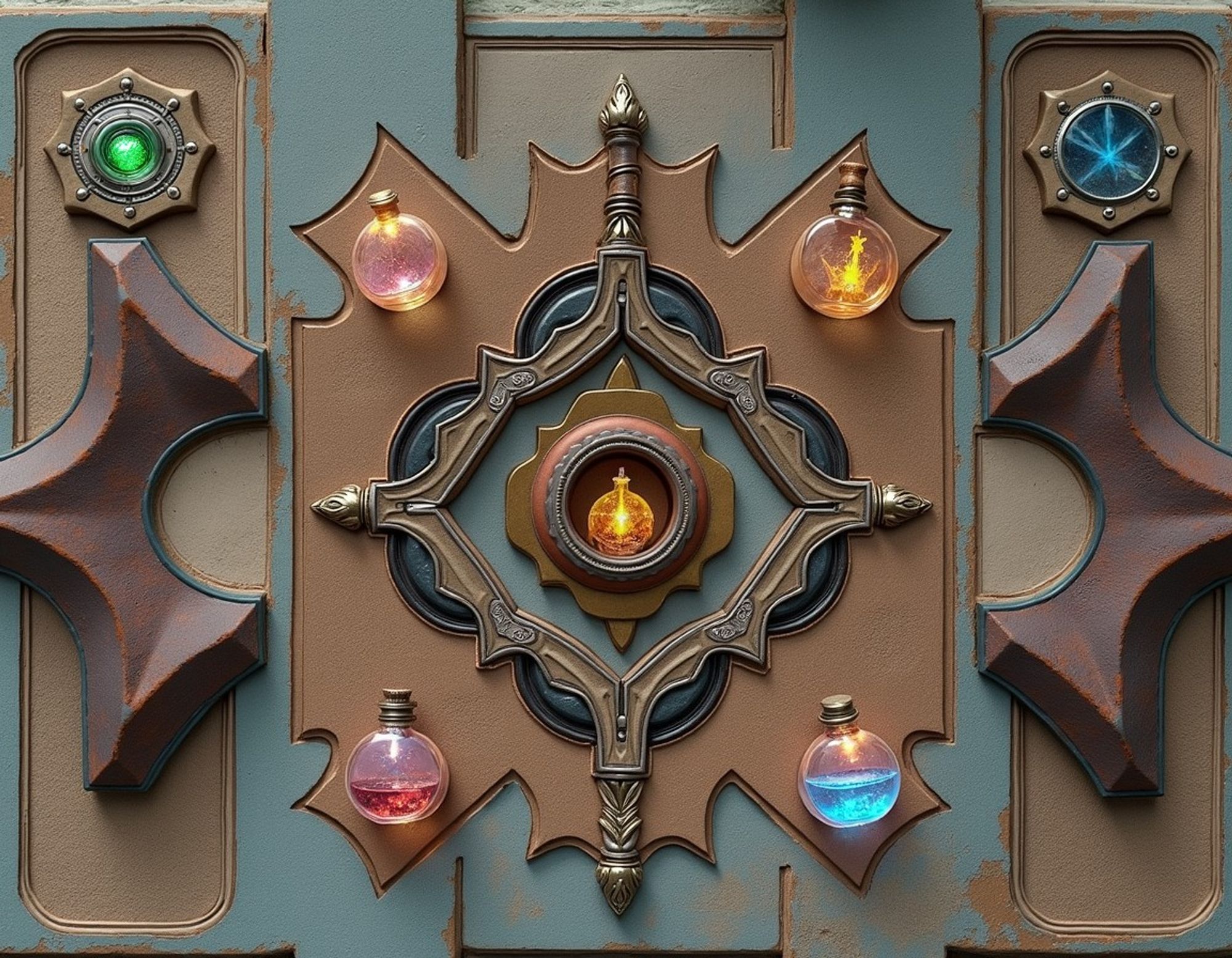 Potion storage with a magical theme, holding glowing vials and round status displays on a weathered carved and painted wooden wall.