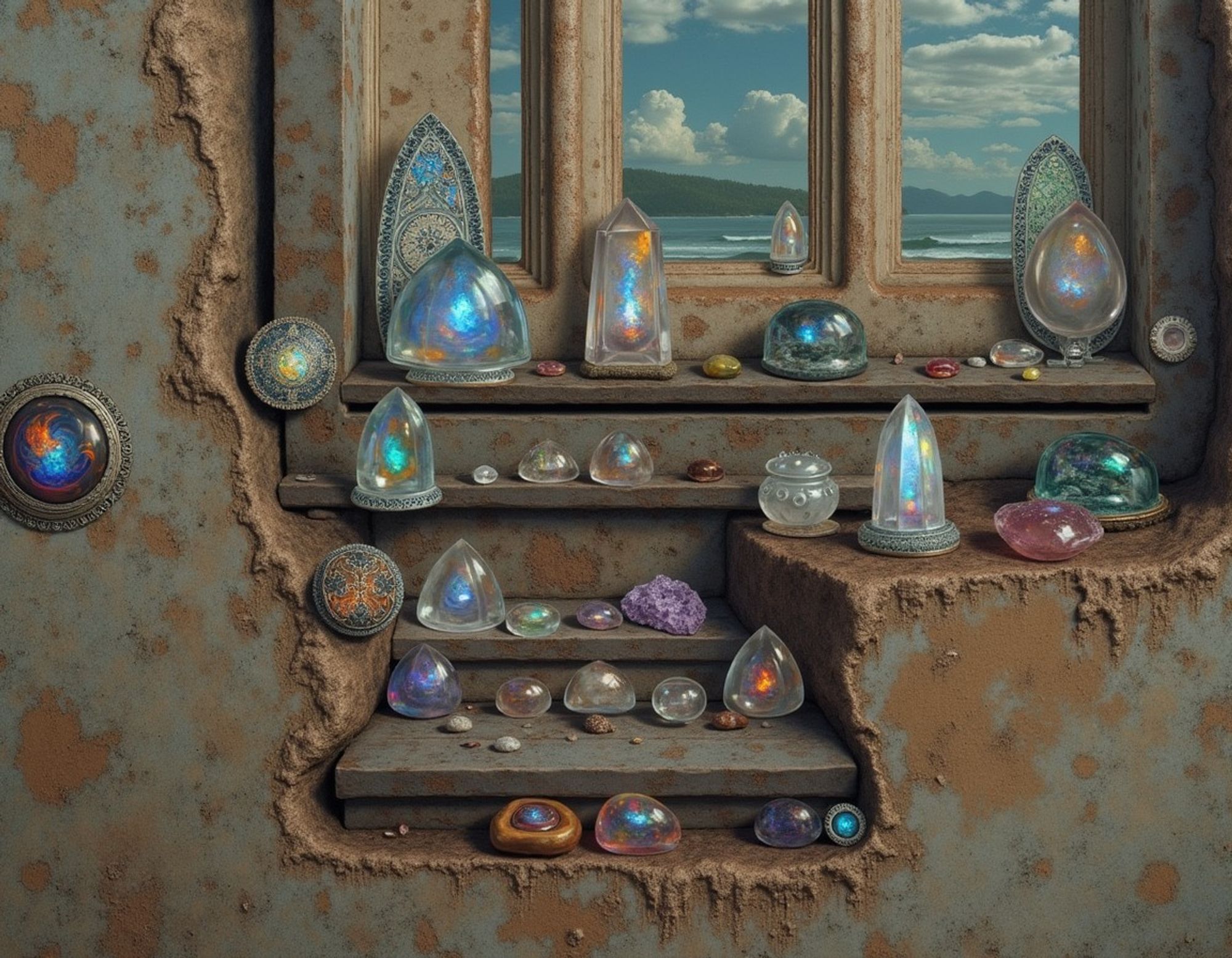 Weathered shelf set cut into a rough textured wall around and under a three paned window showing an ocean scene with distant islands and breaking waves, holding an array of glowing crystals, mystical gemstones, and luminous objects.