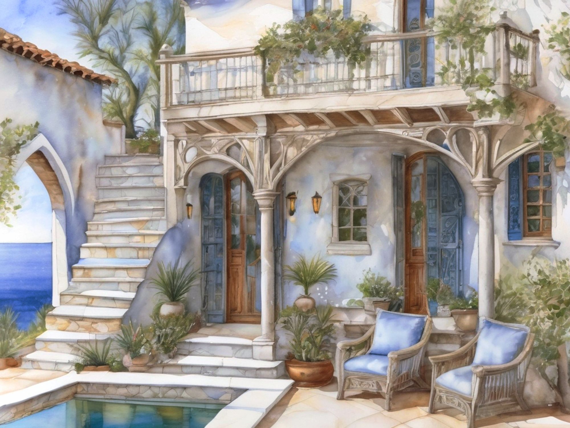 Inviting blue armchairs sit by a small pool, on a walled terrace attached to a two-story house with a balcony. An arched opening in the wall shows a calm sea. Watercolor style.