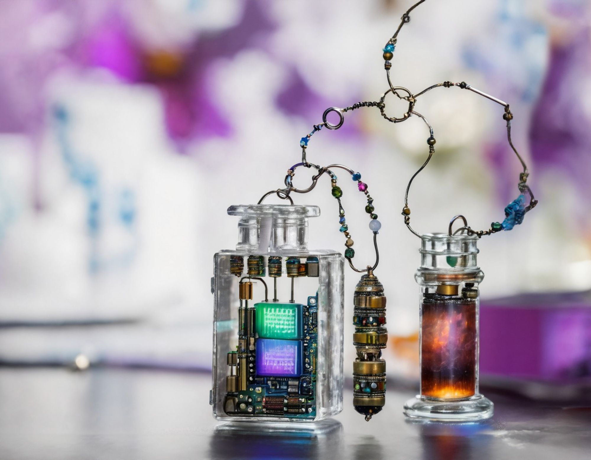 An ultra-miniaturized electronic gadget contained in glass, with attached wires and components, connected to a tiny flame tinted power source, against a blurred purple background. Macro photography style.