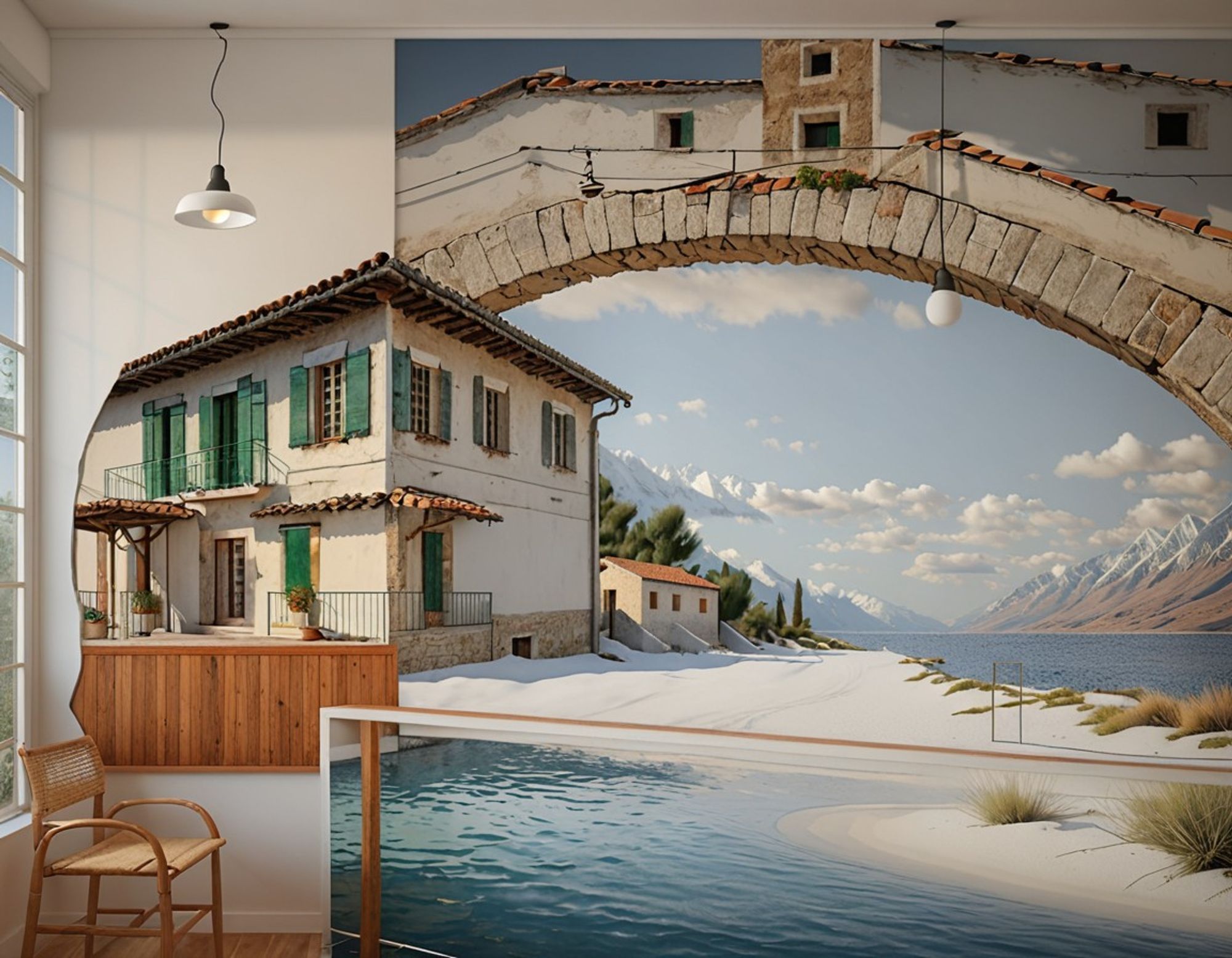 A chair by a tall window, with a glass railing in front through which an inlet with a very white sand beach is visible, gives way to a rustic stucco house with green shutters, with an enclosed arched bridge over it all, and a backdrop of more white sand, water, and mountains. The architectural elements are impossible, yet appear to come together harmoniously.