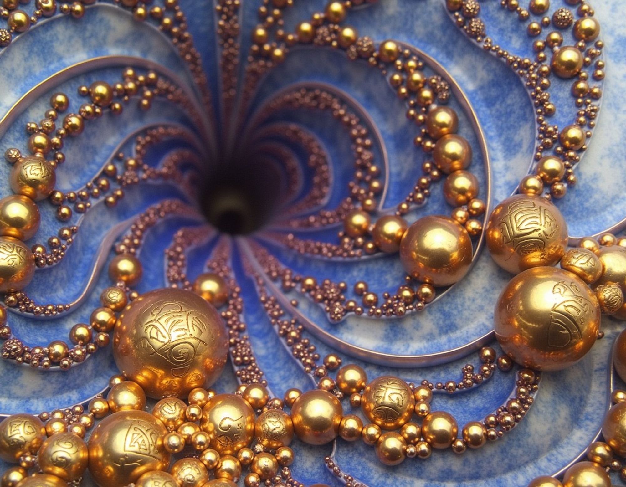 A spiral of gold beads, some embossed with intricate symbols, emerging from a deep recess in a marbled blue and white background.