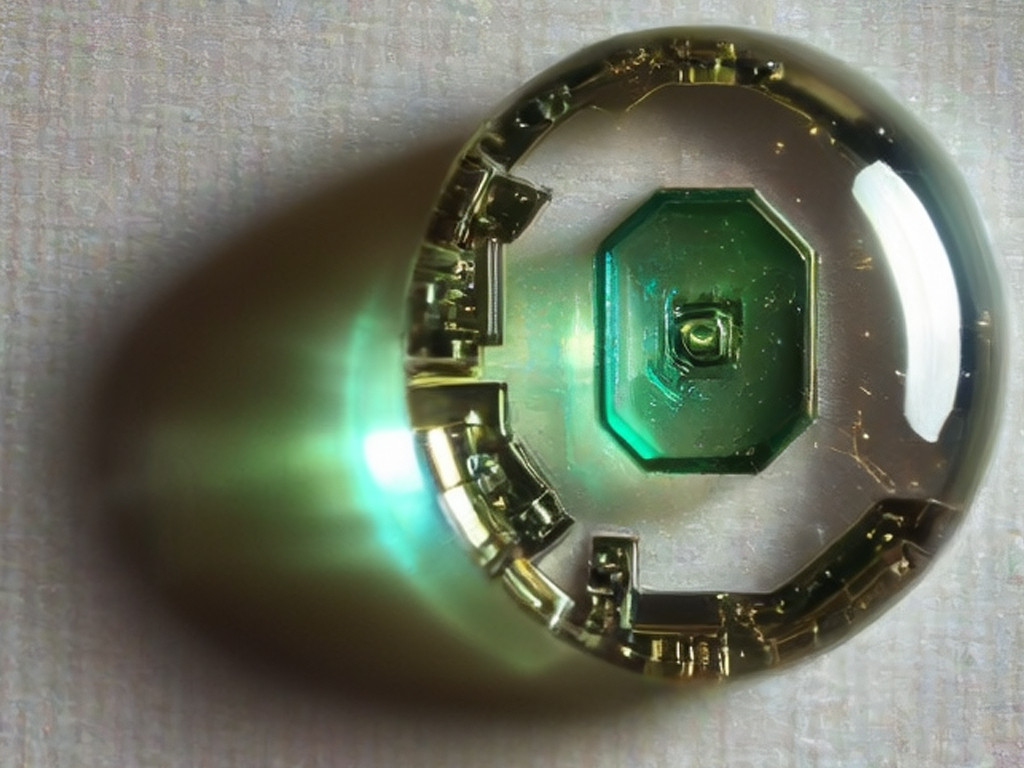 Futuristic clear crystal module with a gleaming emerald core and intricate golden circuits, its tiny size belying its essential function in teleportation technology.