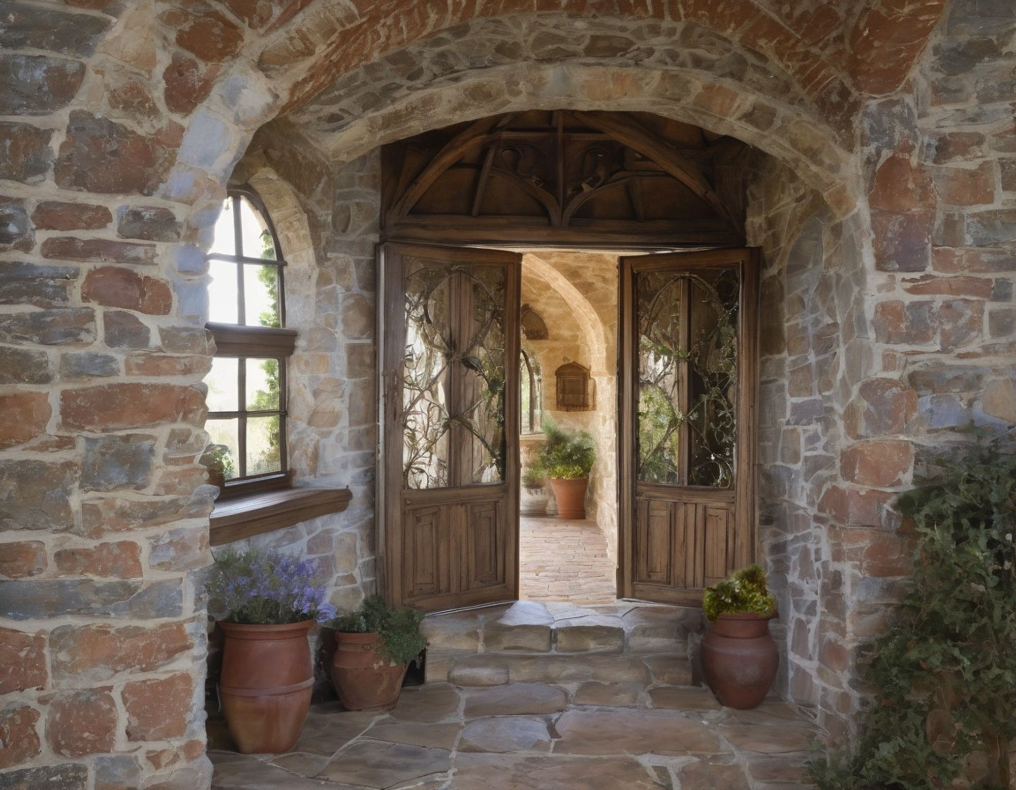 Passageway framed by a stone archway with terracotta planters and rustic wooden doors, highlighted by warm sunlight and vine accents.