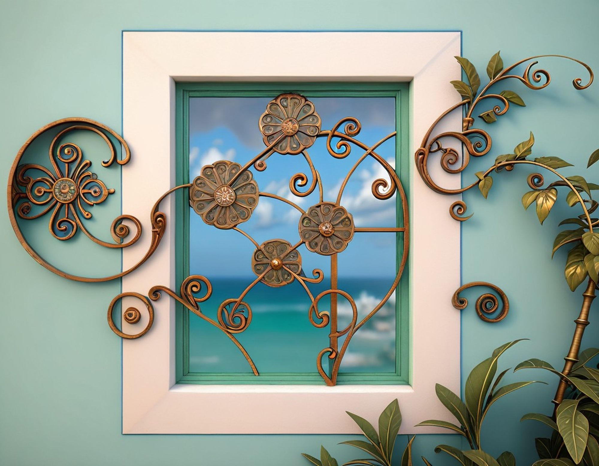 Ornate future technology window grille, with floral patterns and foliage, that monitors and controls air quality. The window shows an ocean view.