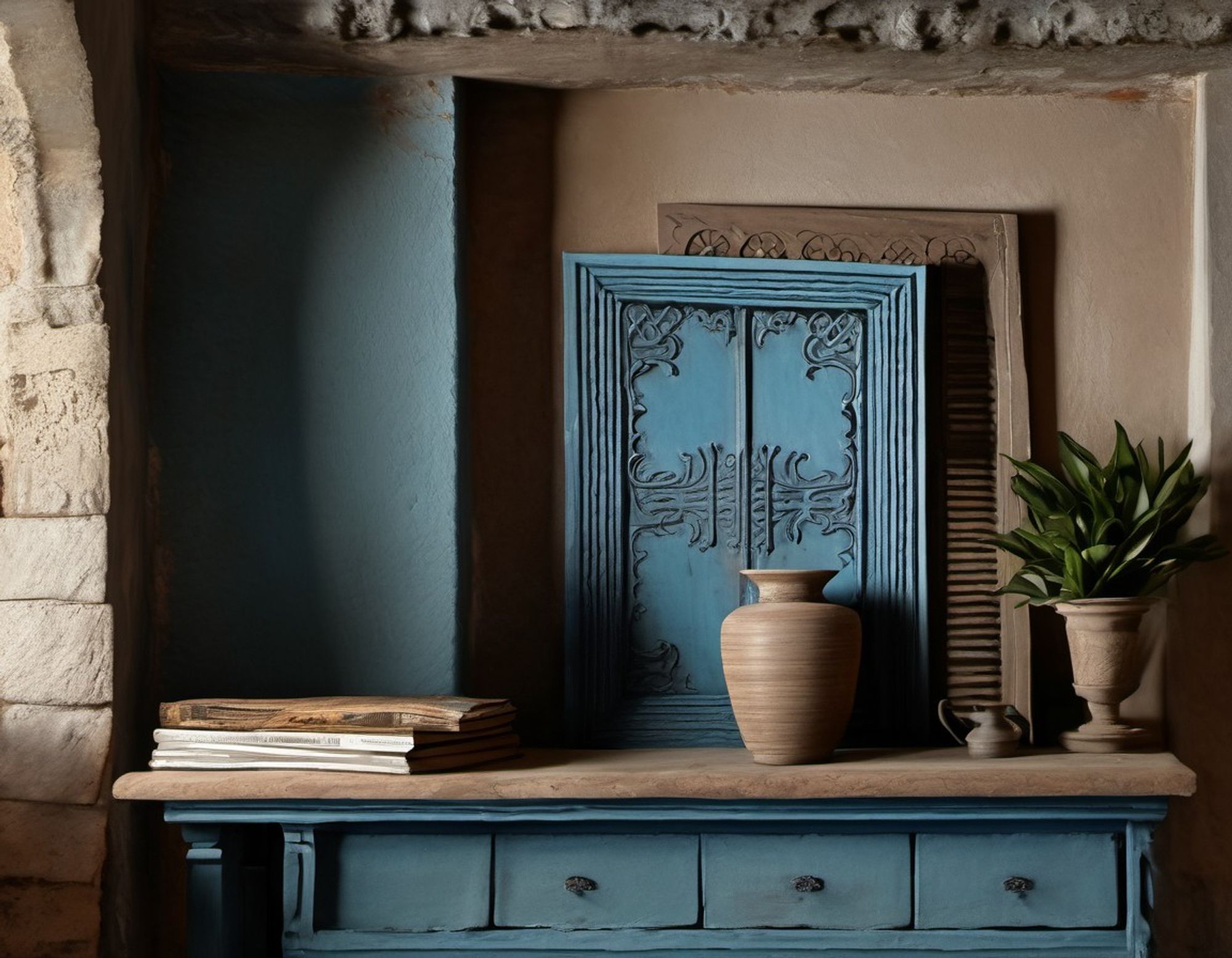 Vacation cottage rustic interior, in teal blue and earth tones, centering on a blue sideboard holding stacked old magazines, a clay vase, and a potted plant, as well as ornate serving trays in teal and brown that rest vertically against the wall.