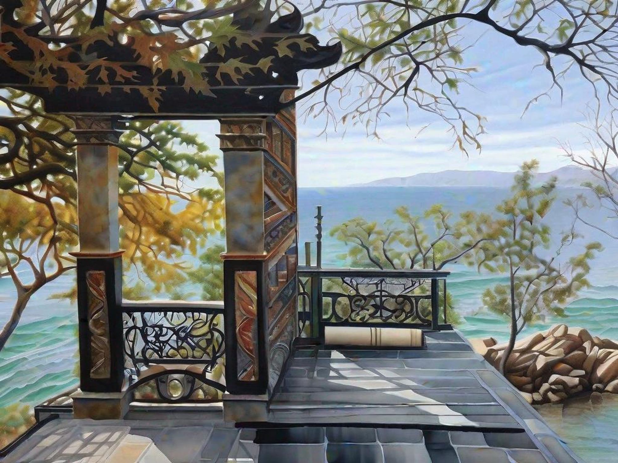 An ornate patio with wrought iron fence segments and detailed columns, overlooking the sea, amid autumn leaves. Watercolor style.