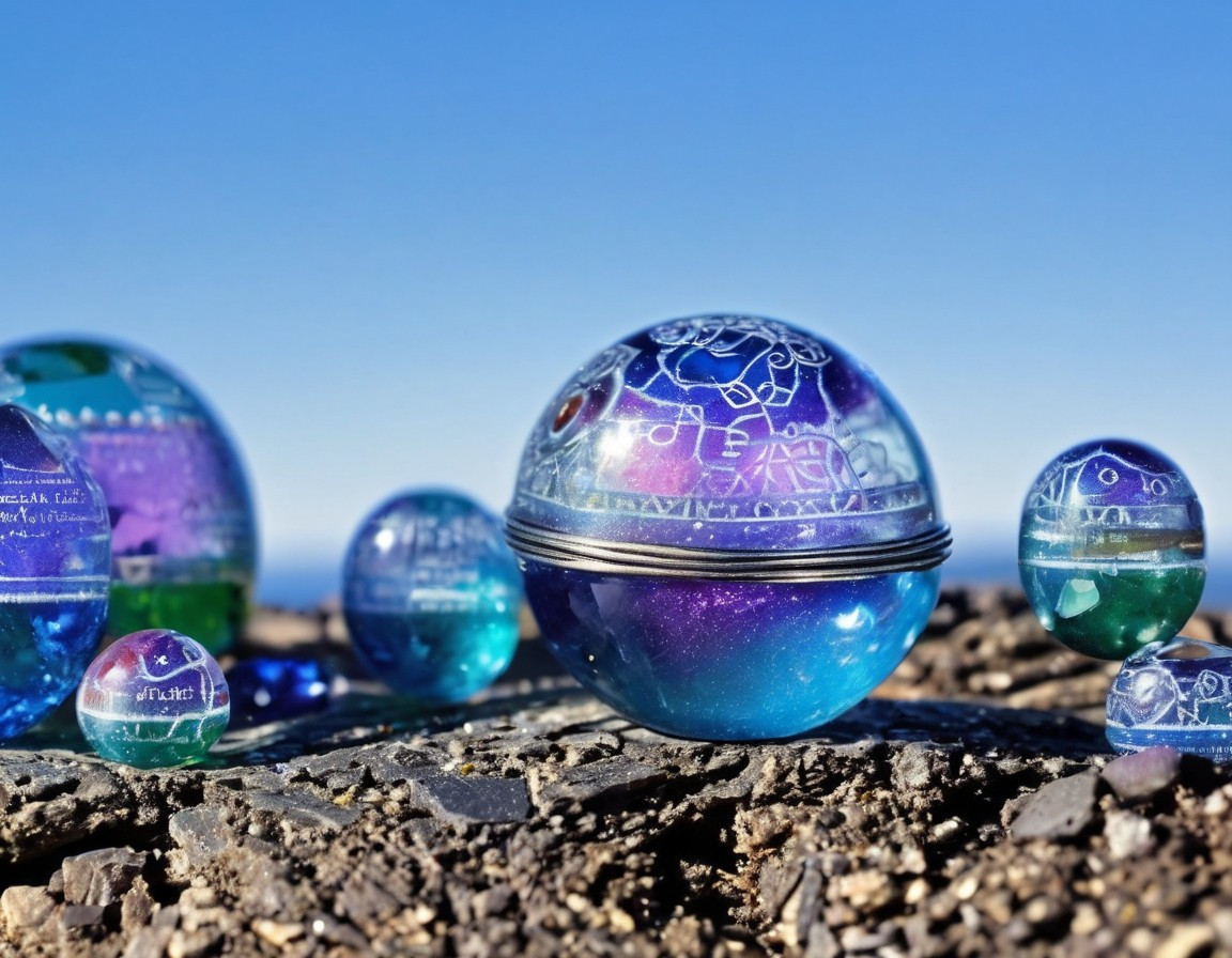 Futuristic translucent blue-purple data storage beads with glowing lights and intricate etched informational designs. They are sitting on what looks like warped asphalt and may be lost.