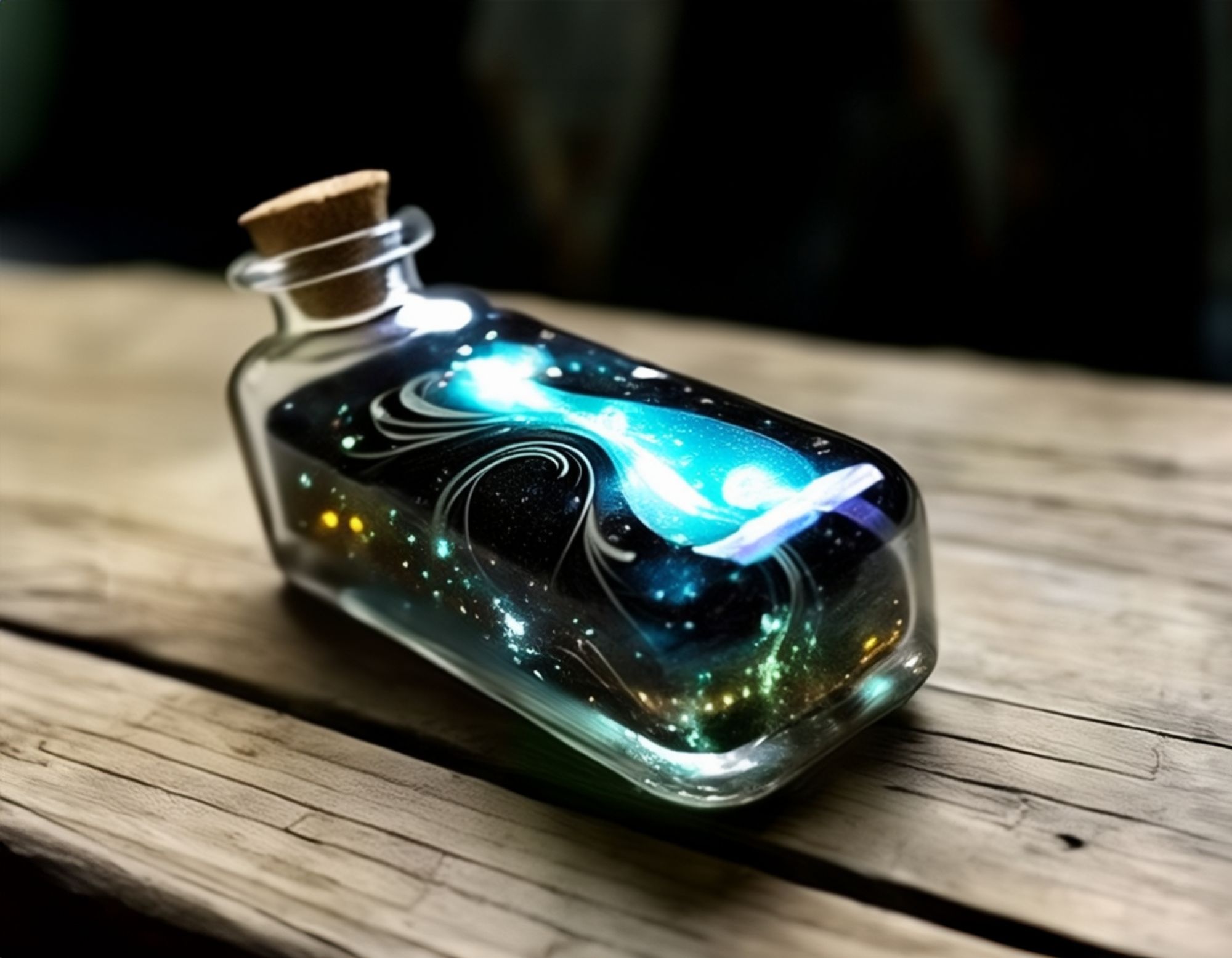 Glass bottle with a bent neck containing a miniaturized segment of outer space, with visible swirling galaxies and stars, resting on a wooden surface with an ambiguous dark background. Sci-fi style.